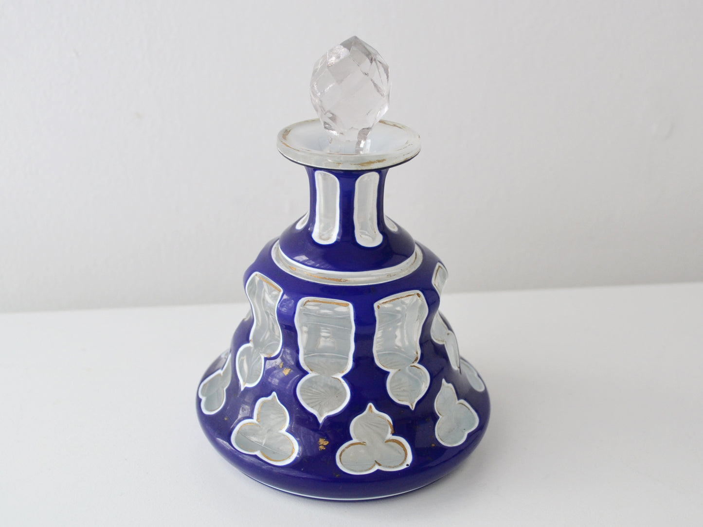 Antique Bohemian Cased Glass Scent Bottle — Cobalt Overlay with Gilt Detail, 19th Century
