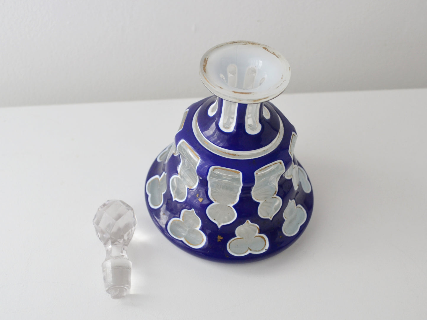 Antique Bohemian Cased Glass Scent Bottle — Cobalt Overlay with Gilt Detail, 19th Century