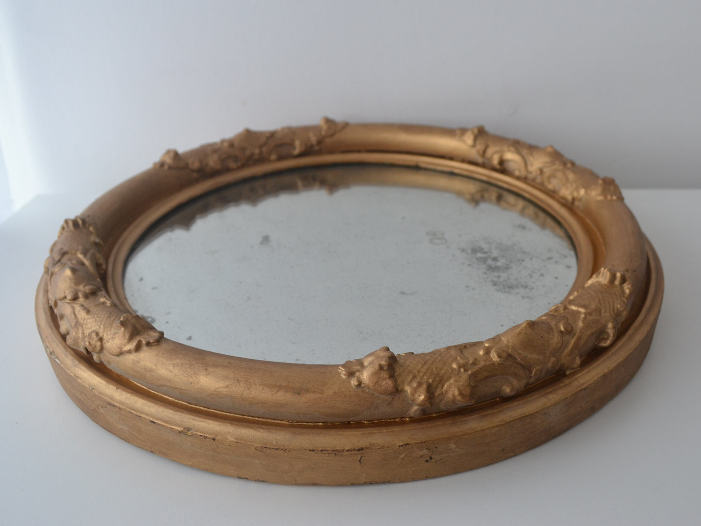 Antique Ornate Gesso Barbola Round Wall Mirror — Foxed Glass, Gilt Frame, England circa 1880–1900