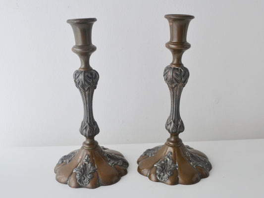 Pair Victorian copper candlesticks silver mounted, England circa 1890, acanthus relief decoration, front view