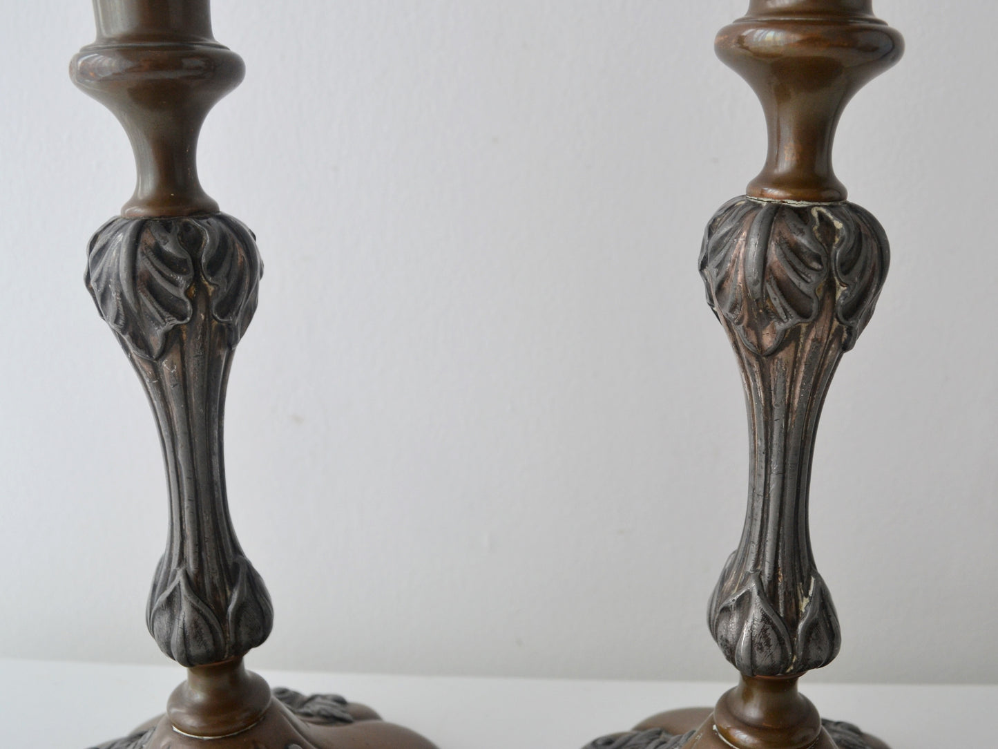 Pair Victorian Silver Mounted Candlesticks — Acanthus Relief, Copper Base, Maker's Mark CB, England circa 1890