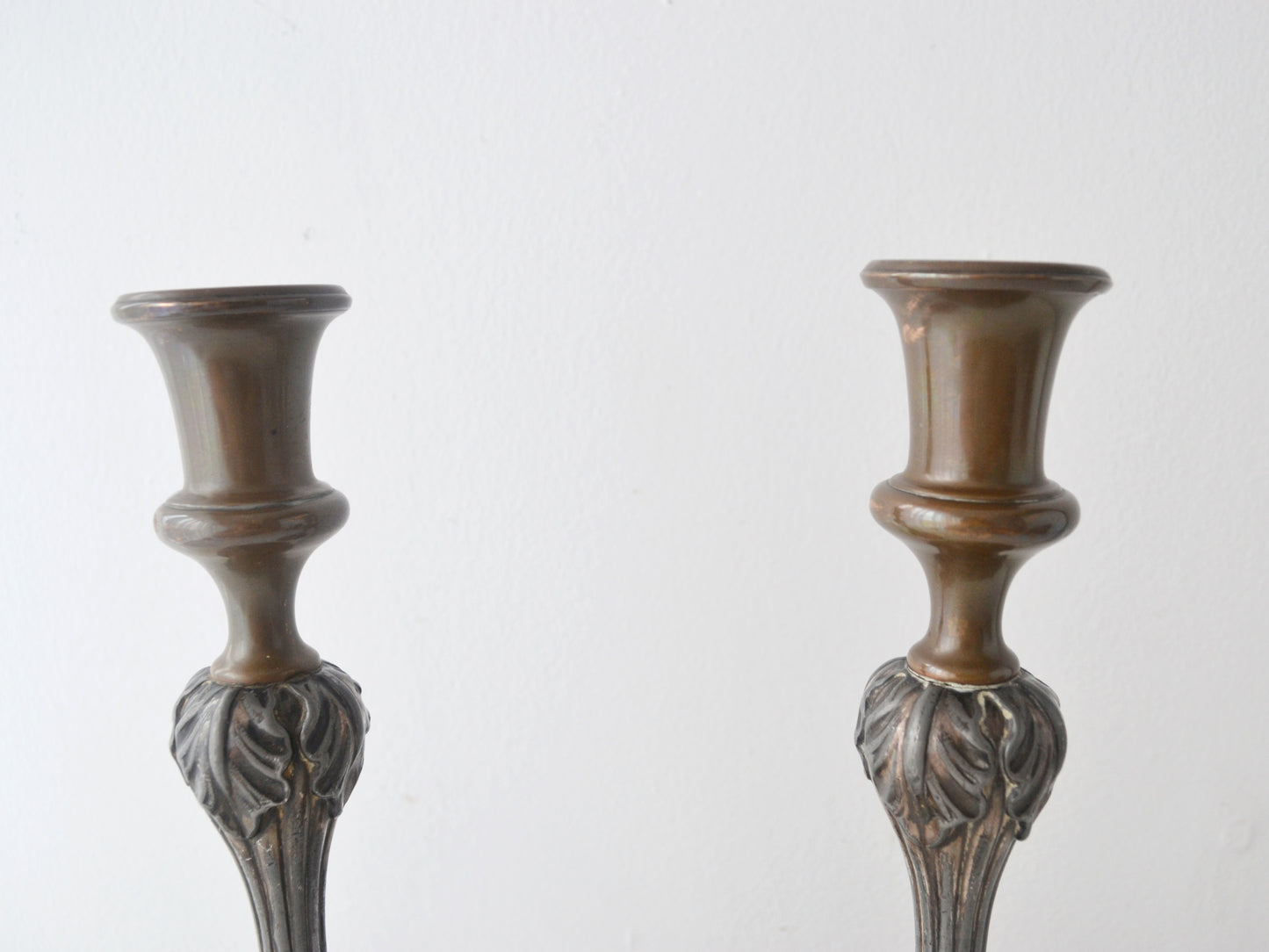 Pair Victorian Silver Mounted Candlesticks — Acanthus Relief, Copper Base, Maker's Mark CB, England circa 1890