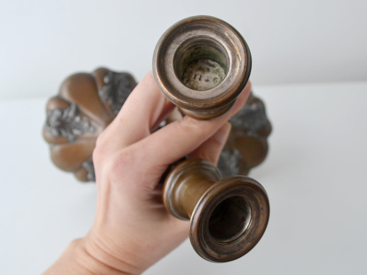 Pair Victorian Silver Mounted Candlesticks — Acanthus Relief, Copper Base, Maker's Mark CB, England circa 1890
