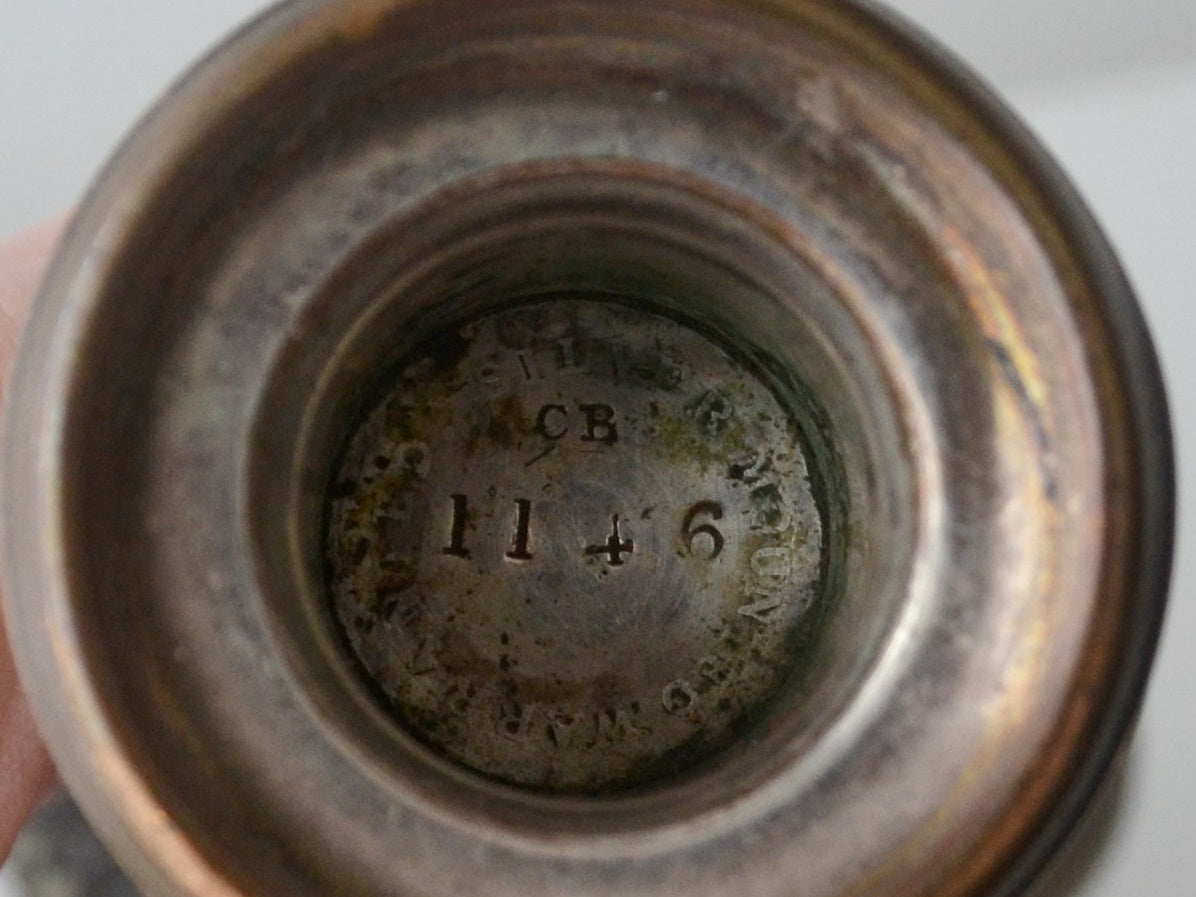 Maker's mark CB Silver Mounted Warranted stamped to interior sconce of Victorian candlestick England circa 1890