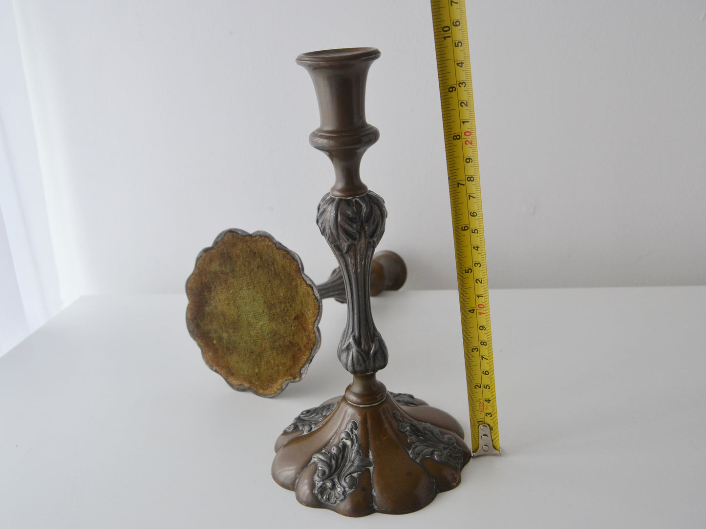 Pair Victorian Silver Mounted Candlesticks — Acanthus Relief, Copper Base, Maker's Mark CB, England circa 1890