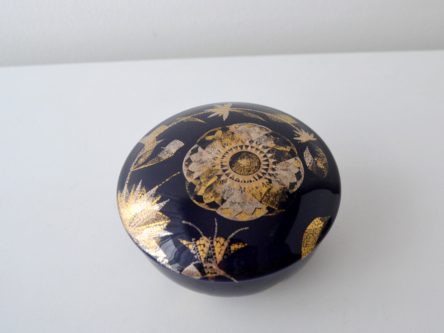 Manufacture de Monaco lidded porcelain box cobalt blue gold botanical insect motif limited edition 347 of 5000