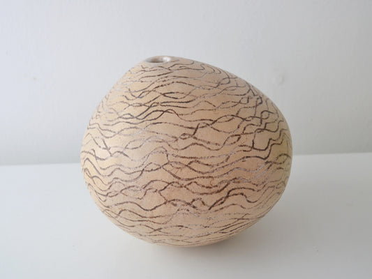 Sgraffito stoneware globe weed pot, European studio pottery, mid-late 20th century, front view.