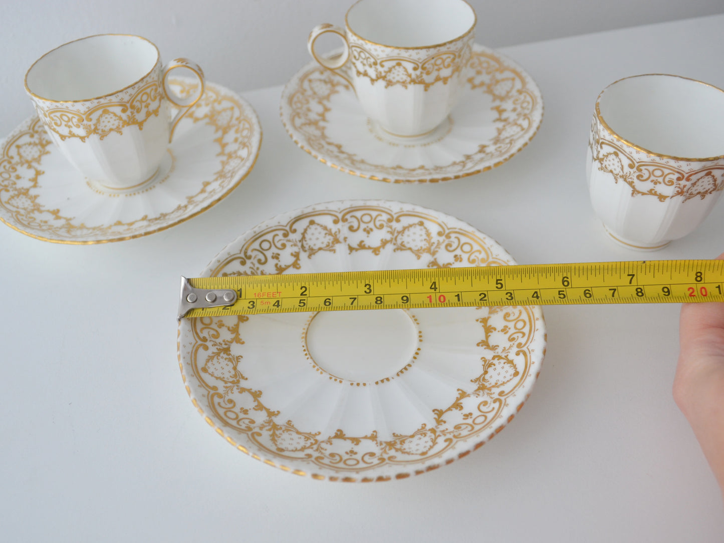 Davenport Longport Staffordshire Trio — Porcelain Cup & Saucer Set of Three, Gilt Scrollwork, England circa 1800–1830