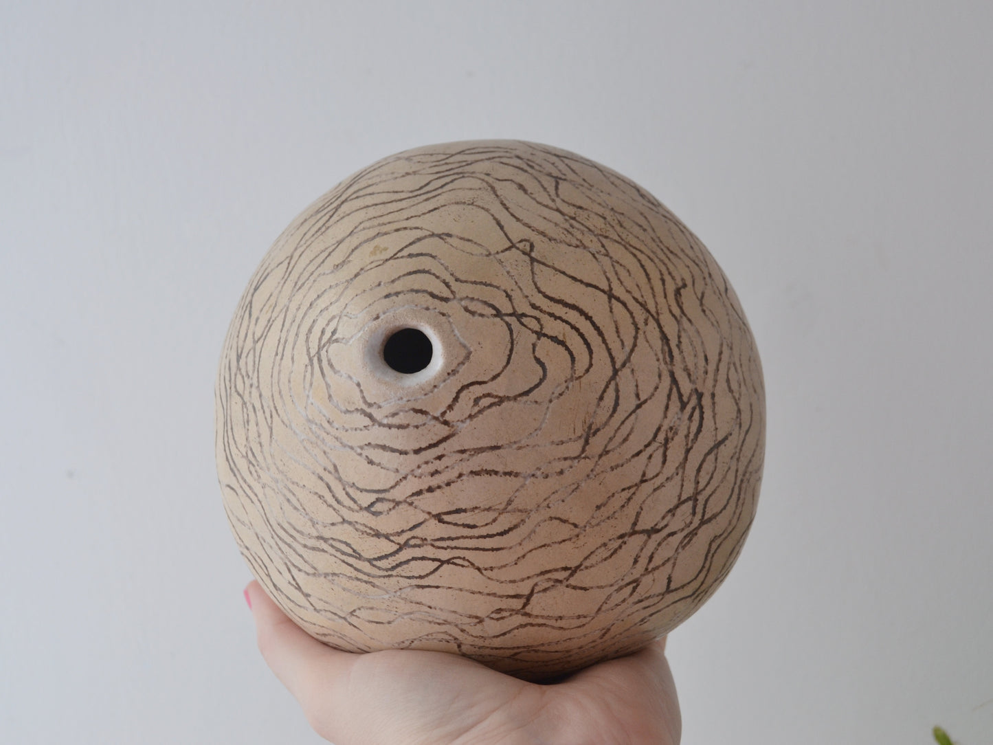 Sgraffito Ceramic Weed Pot — Globe Form, Studio Pottery, Europe Mid-Late 20th Century