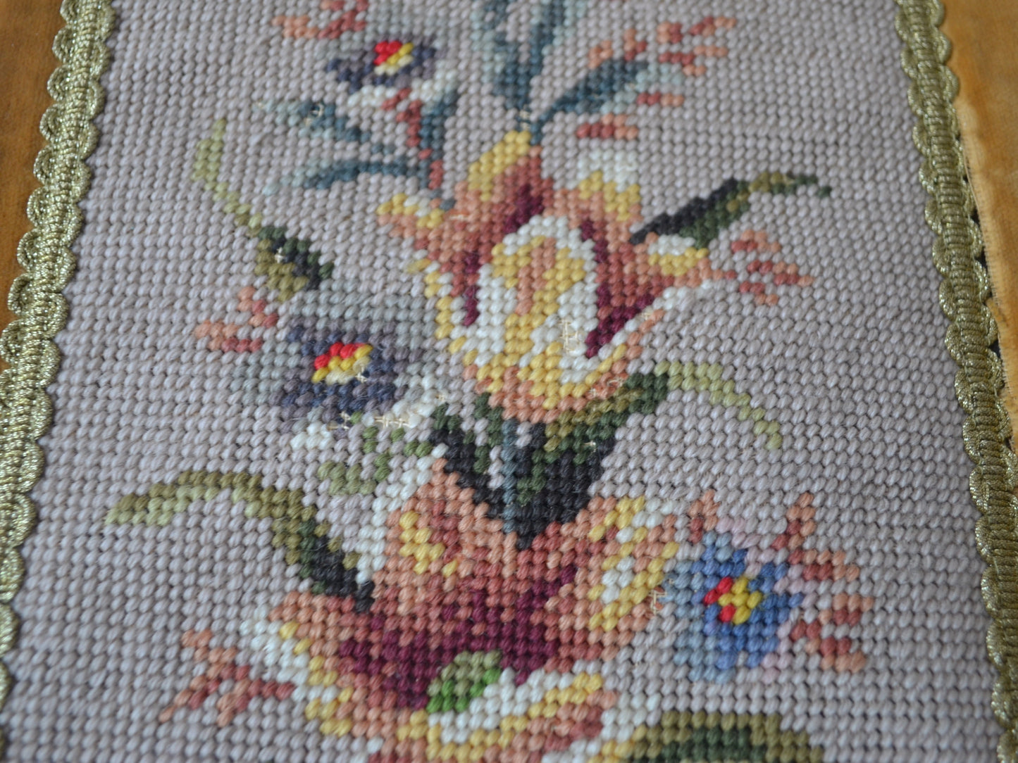 Petit point needlepoint floral detail, roses and lilies, West German bell pull, circa 1950s–60s.