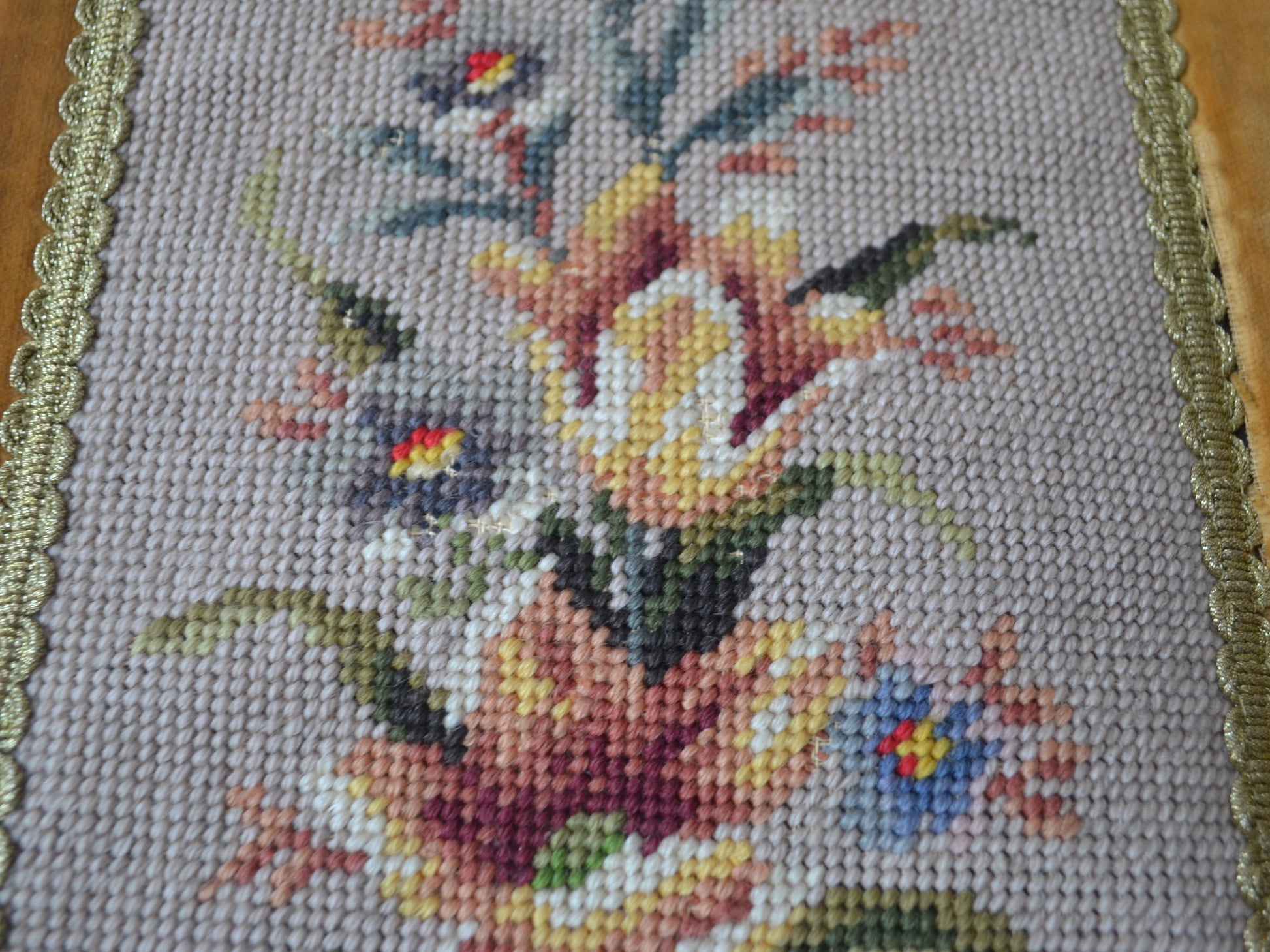 Petit point needlepoint floral detail, roses and lilies, West German bell pull, circa 1950s–60s.