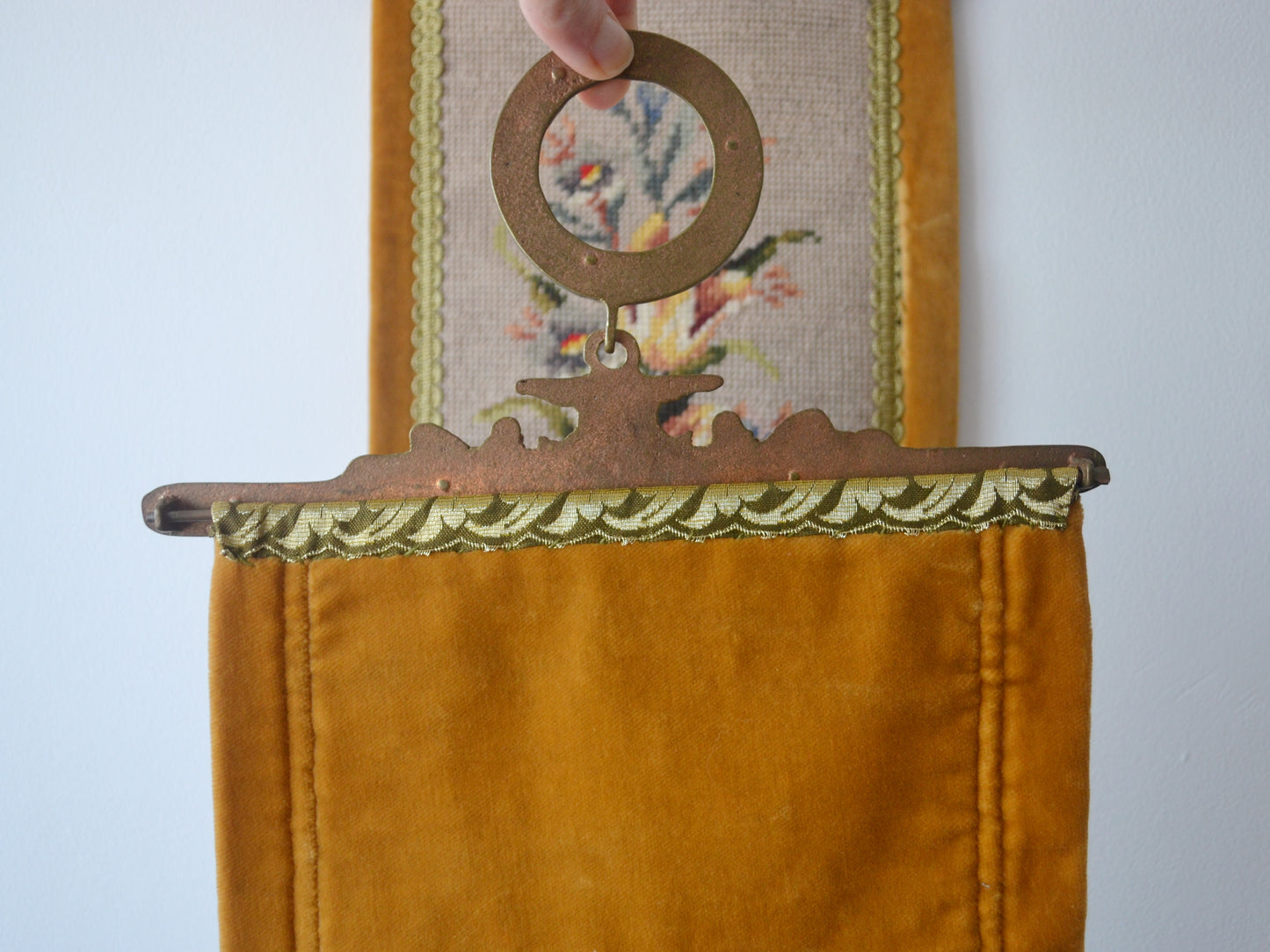 Needlepoint Floral Bell Pull Wall Hanging — Brass Glockenspiel Mount, West Germany circa 1950s–60s