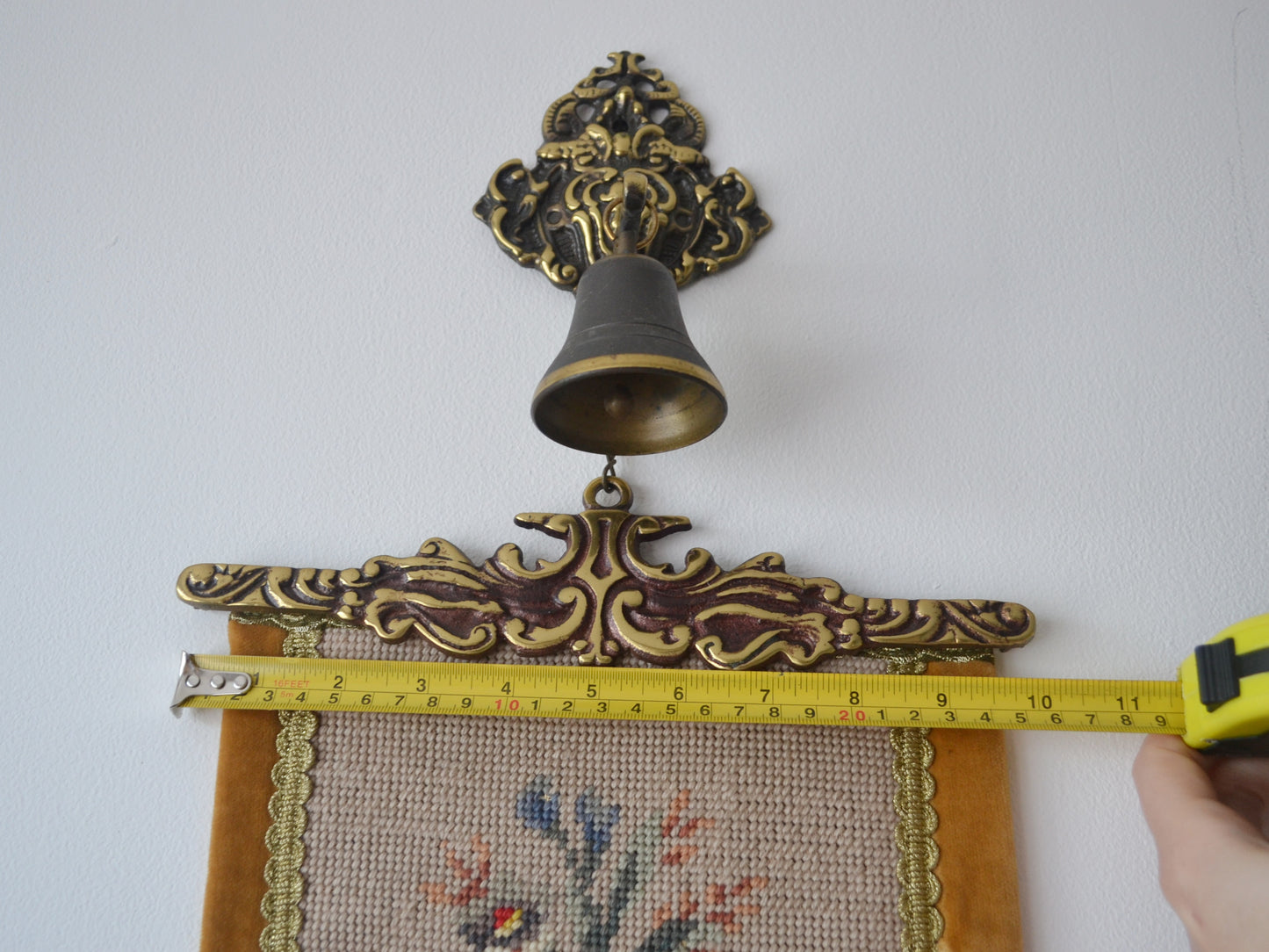 Needlepoint Floral Bell Pull Wall Hanging — Brass Glockenspiel Mount, West Germany circa 1950s–60s
