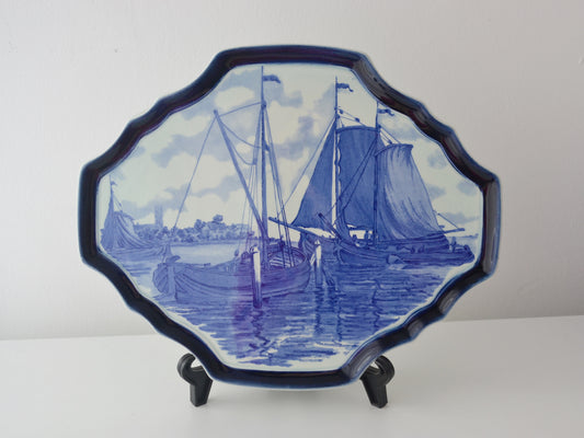 Blue Delft hand-painted ceramic charger by Boch, octagonal form with sailing ships scene, Belgium circa 1950s, front view