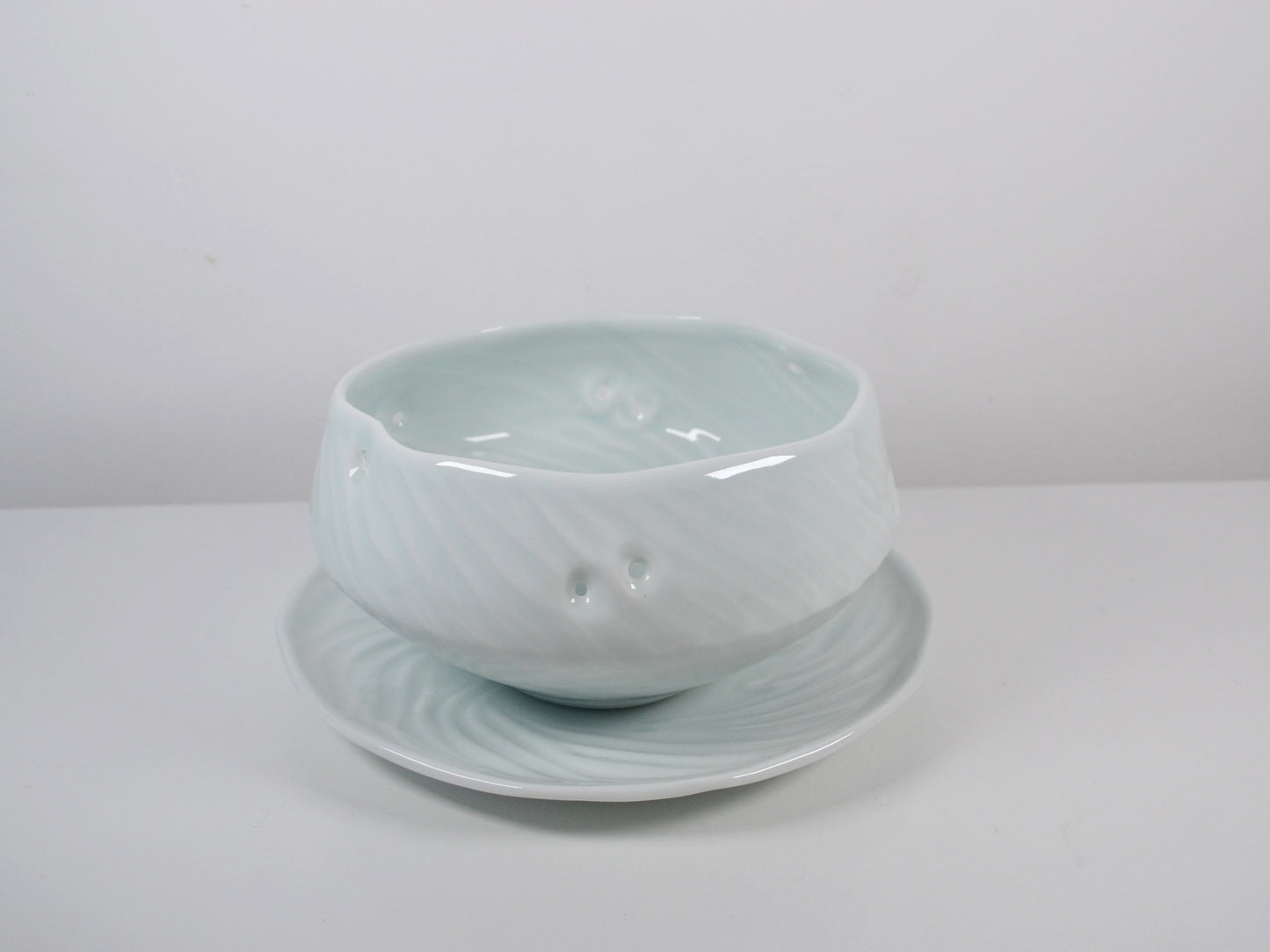 Joanna Howells Porcelain Berry Bowl & Plate — Celadon Glaze, Signed, Wales circa 2000s