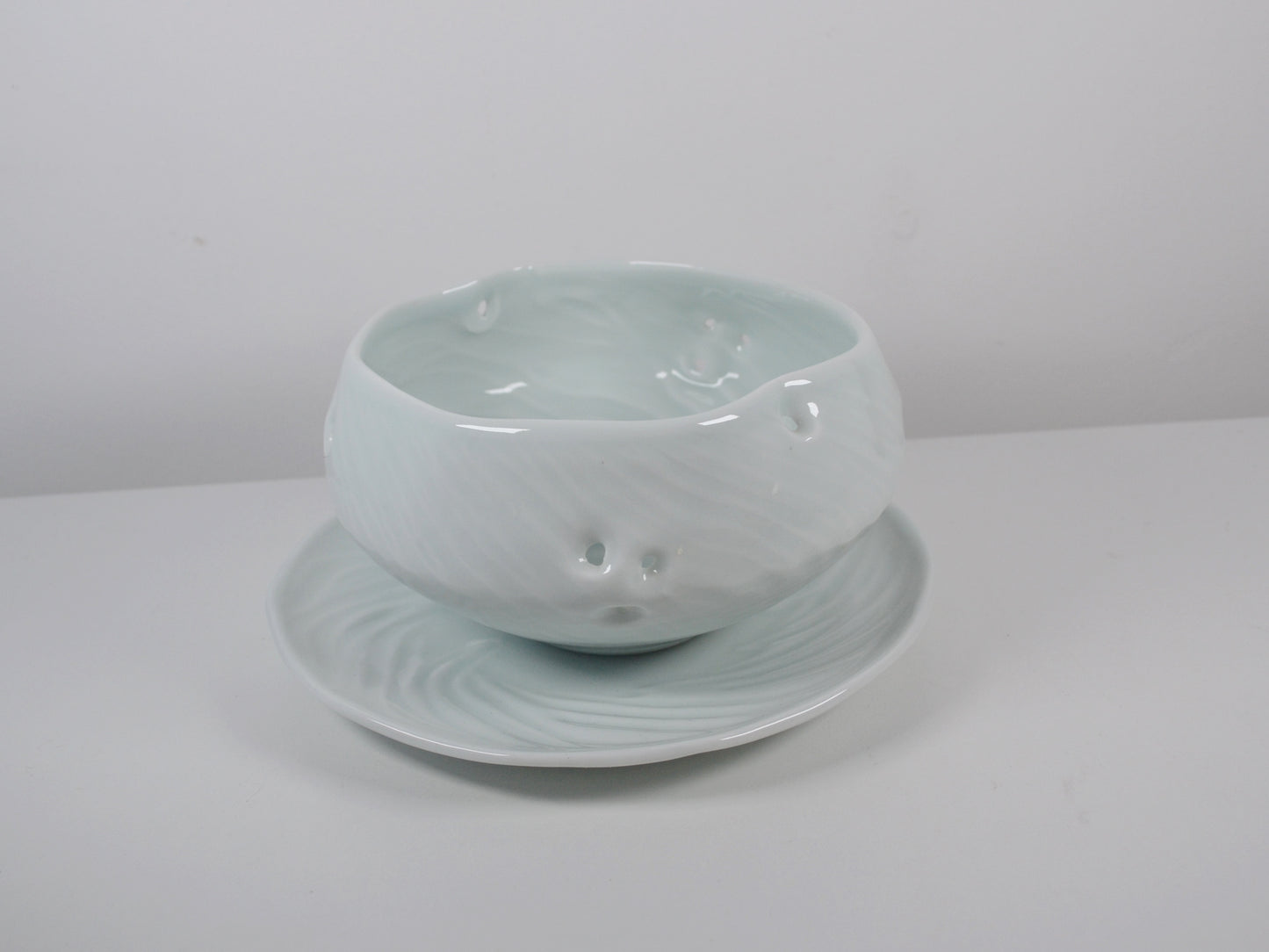 Joanna Howells Porcelain Berry Bowl & Plate — Celadon Glaze, Signed, Wales circa 2000s