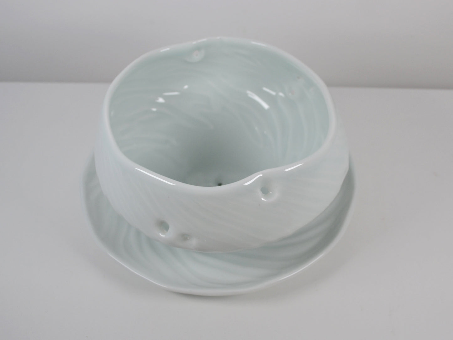 Joanna Howells Porcelain Berry Bowl & Plate — Celadon Glaze, Signed, Wales circa 2000s