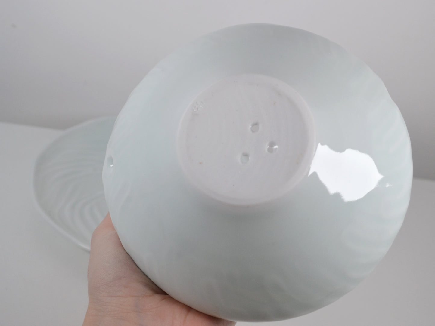 Joanna Howells Porcelain Berry Bowl & Plate — Celadon Glaze, Signed, Wales circa 2000s