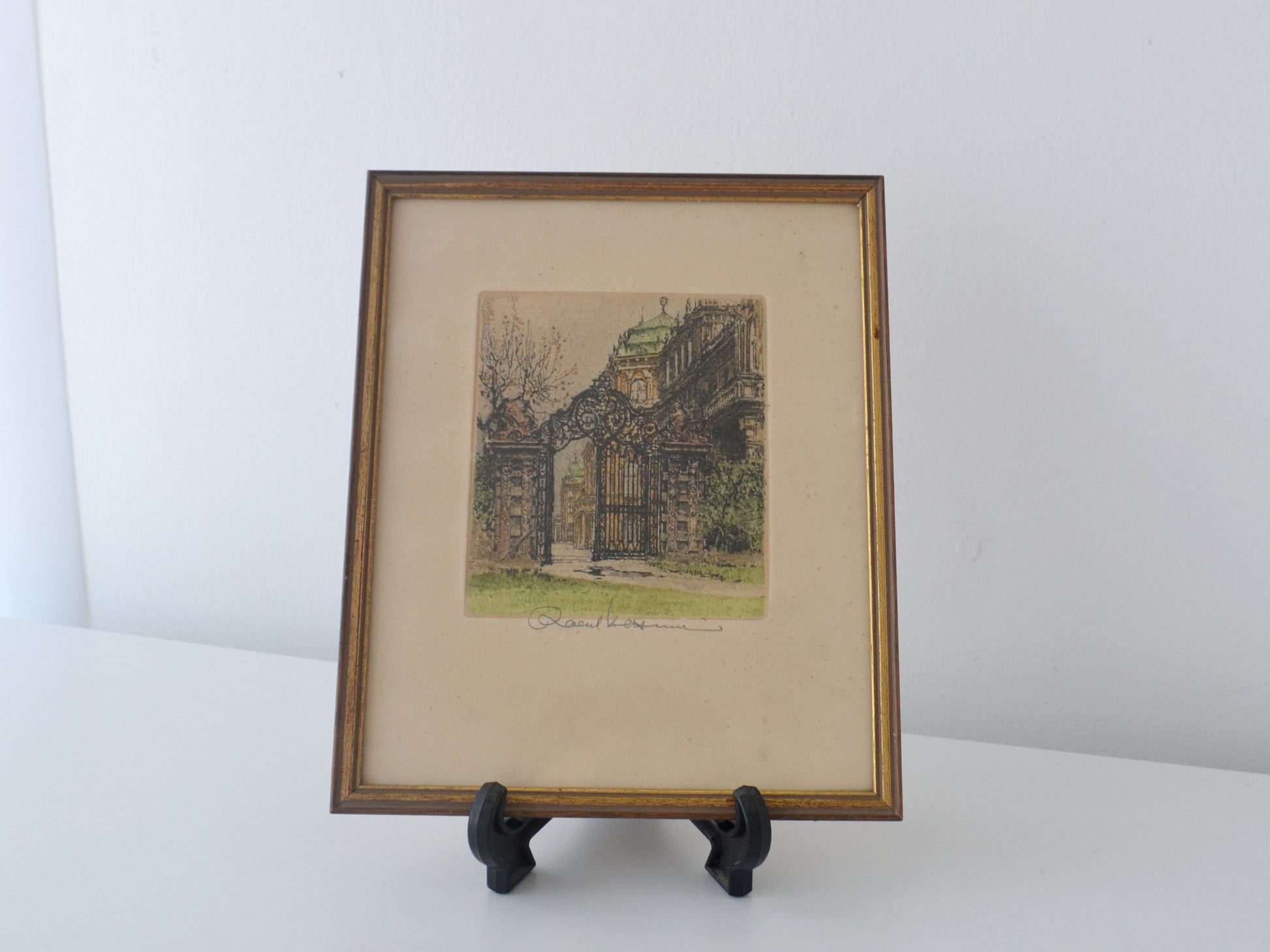 Pencil signature detail, Robert Kasimir colour etching, Belvedere gate Vienna, circa 1920s–30s.
