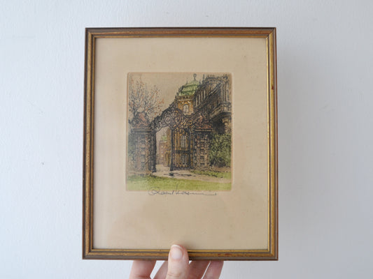  Robert Kasimir original colour etching, Belvedere Palace gate Vienna, hand signed, circa 1920s–30s, framed, front view.