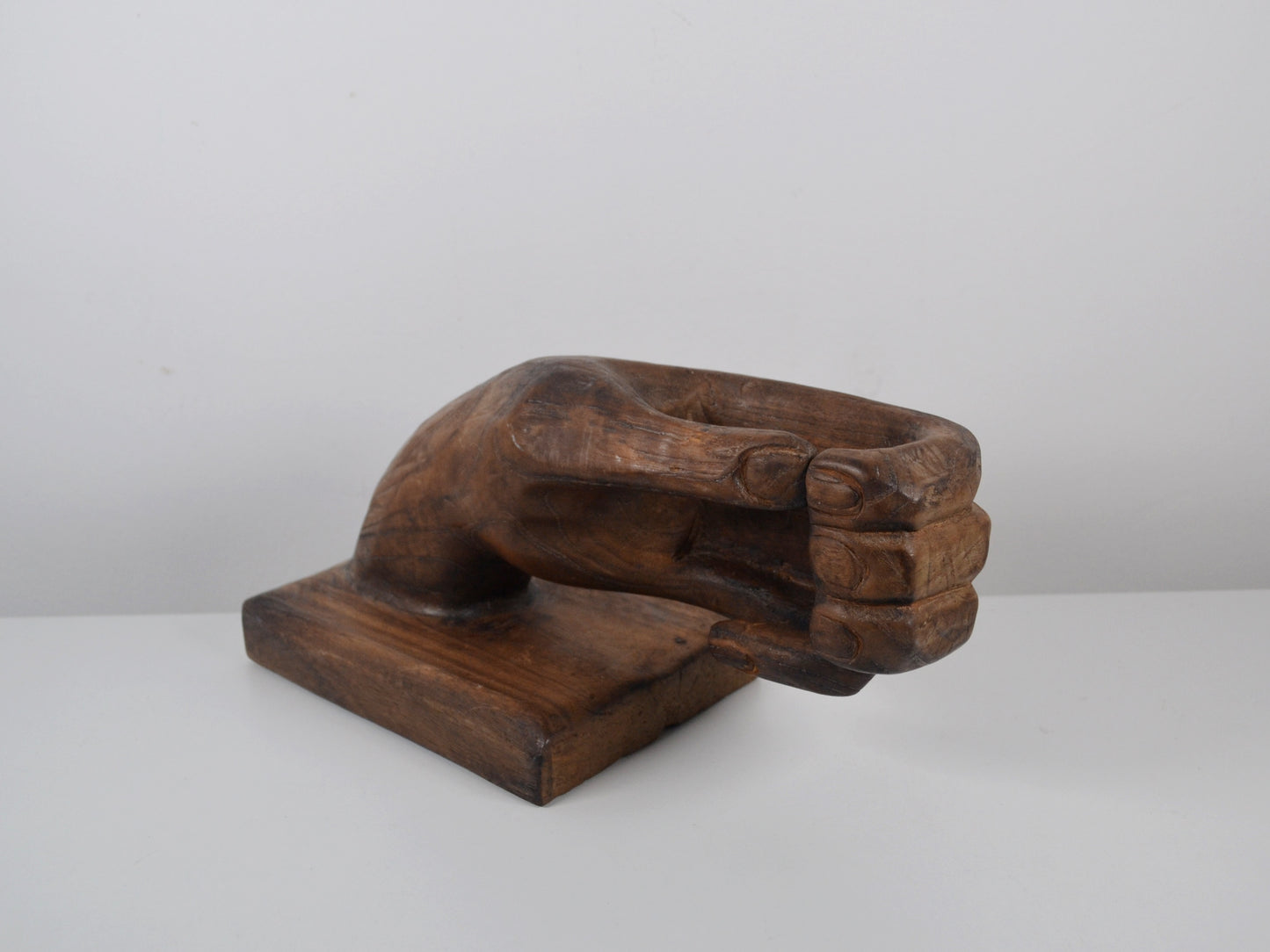 Hand-Carved Hardwood Hand Sculpture & Vide Poche — Brutalist Folk Art, circa 1960s–1970s