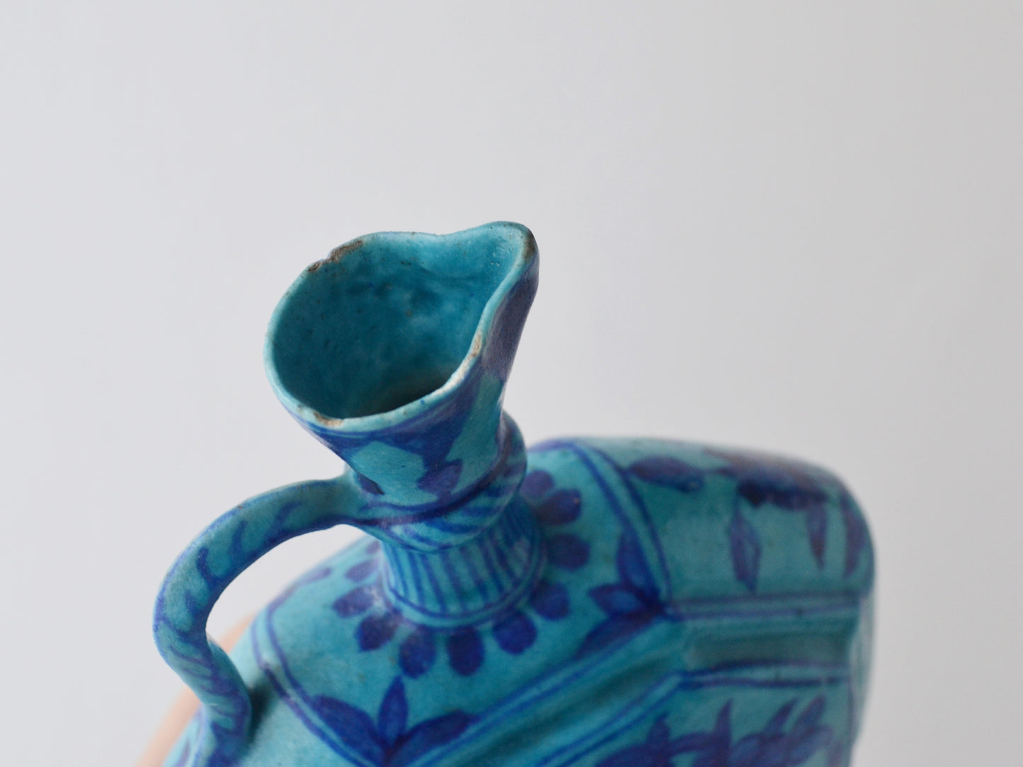 Neck and looped handle detail of antique Sindh moon flask, circa 19th century.