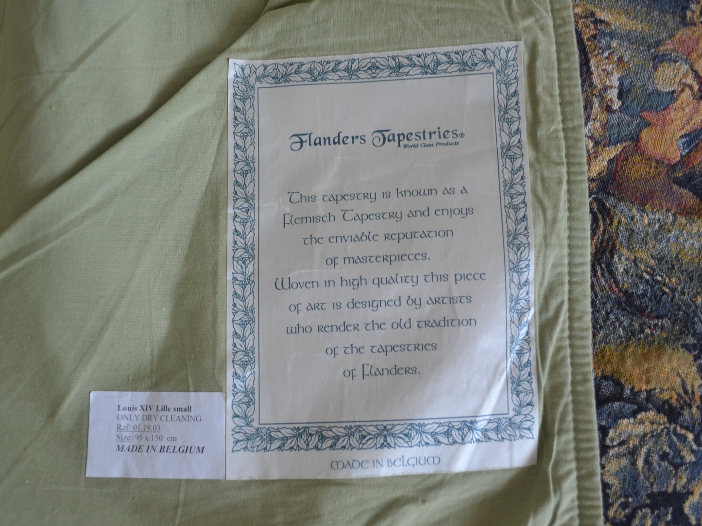 Flanders Tapestries label on reverse, Made in Belgium, Louis XIV Lille small, 95x150cm, rod pocket detail.