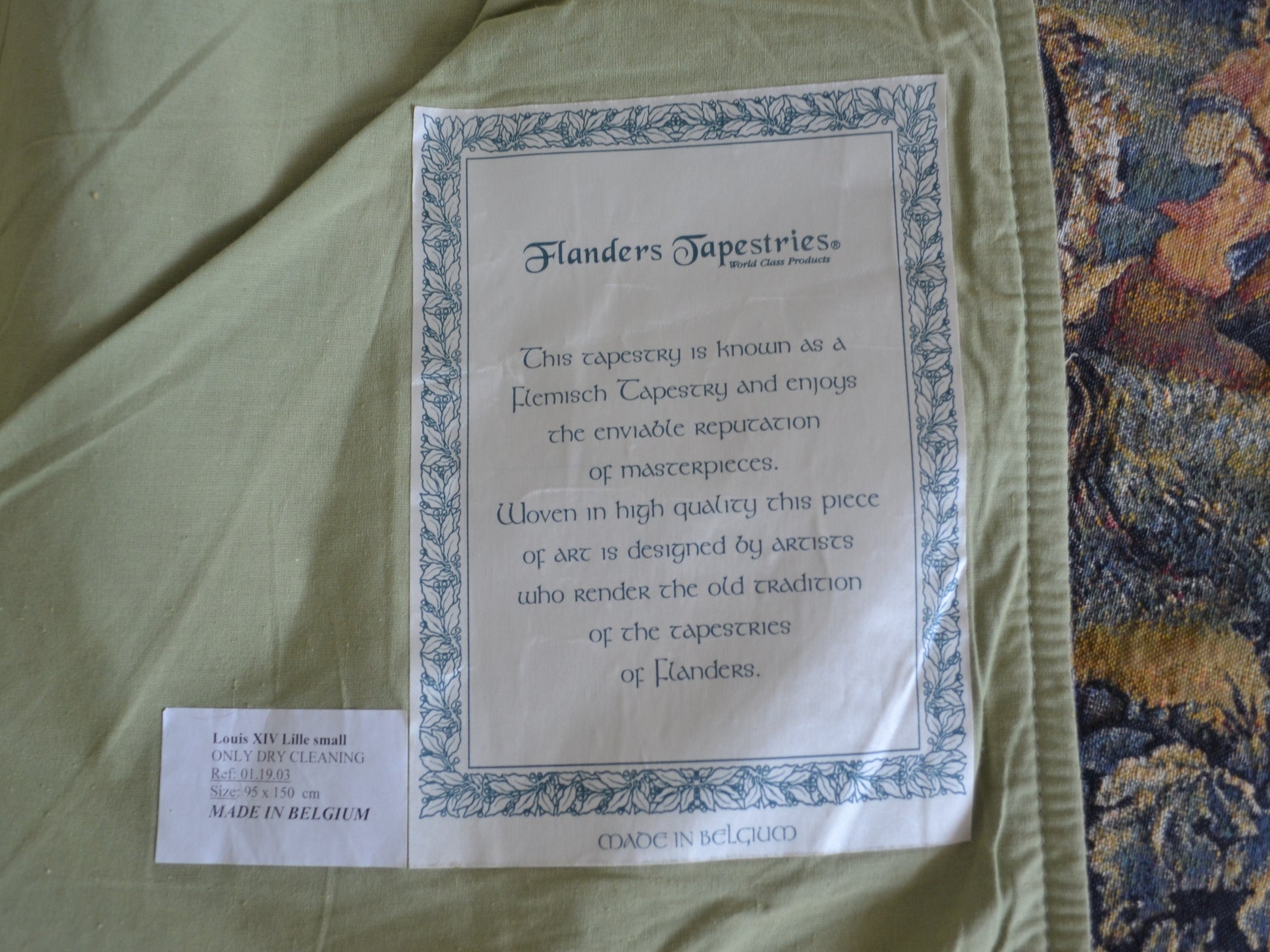 Flanders Tapestries label on reverse, Made in Belgium, Louis XIV Lille small, 95x150cm, rod pocket detail.