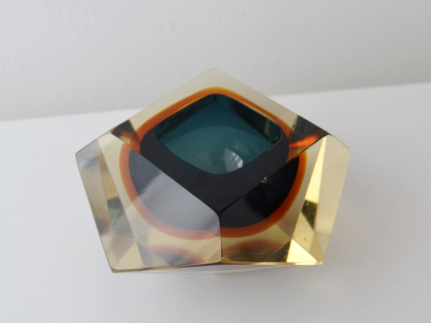 Faceted Murano Sommerso Glass Block, Blue and Amber