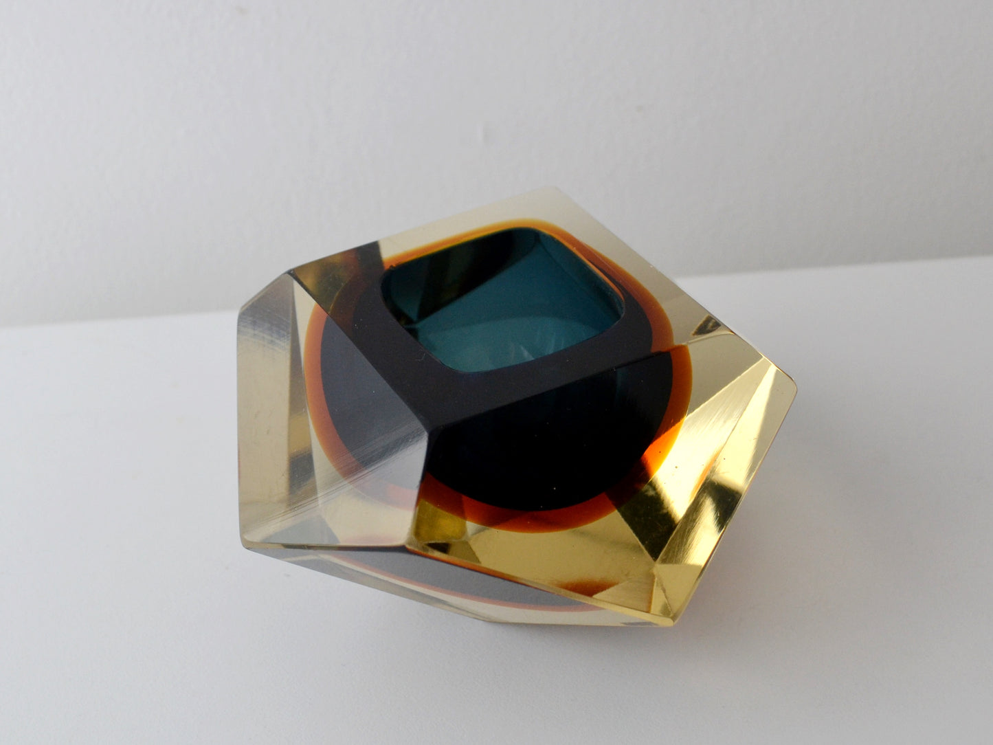Faceted Murano Sommerso Glass Block, Blue and Amber