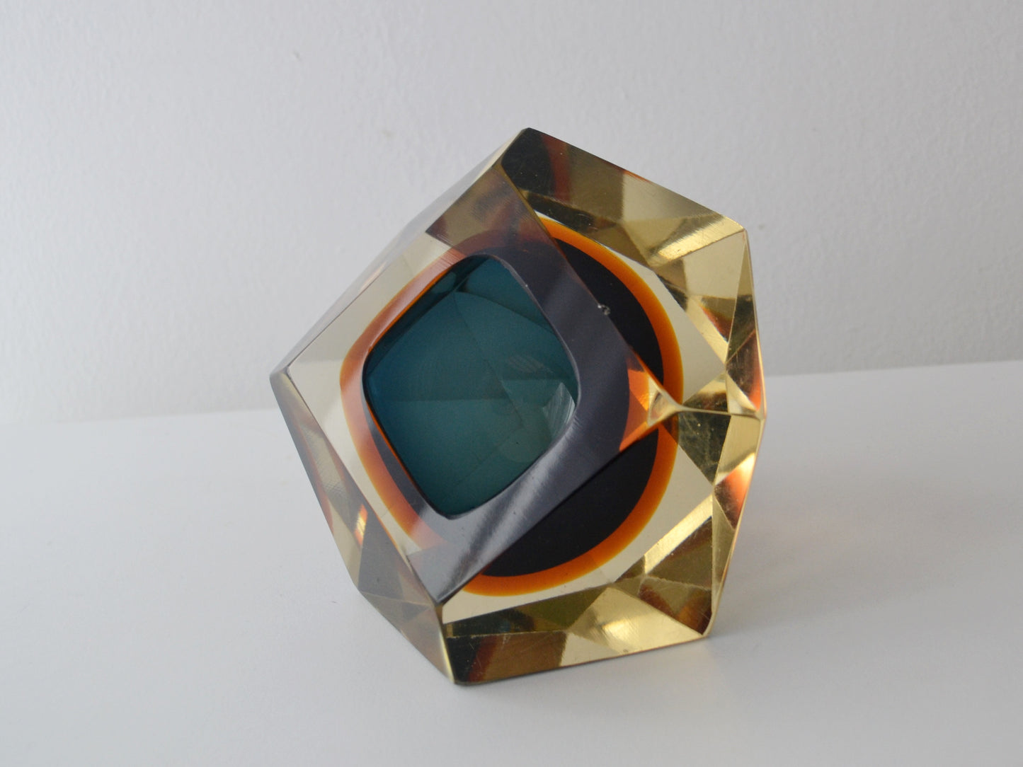 Faceted Murano Sommerso Glass Block, Blue and Amber