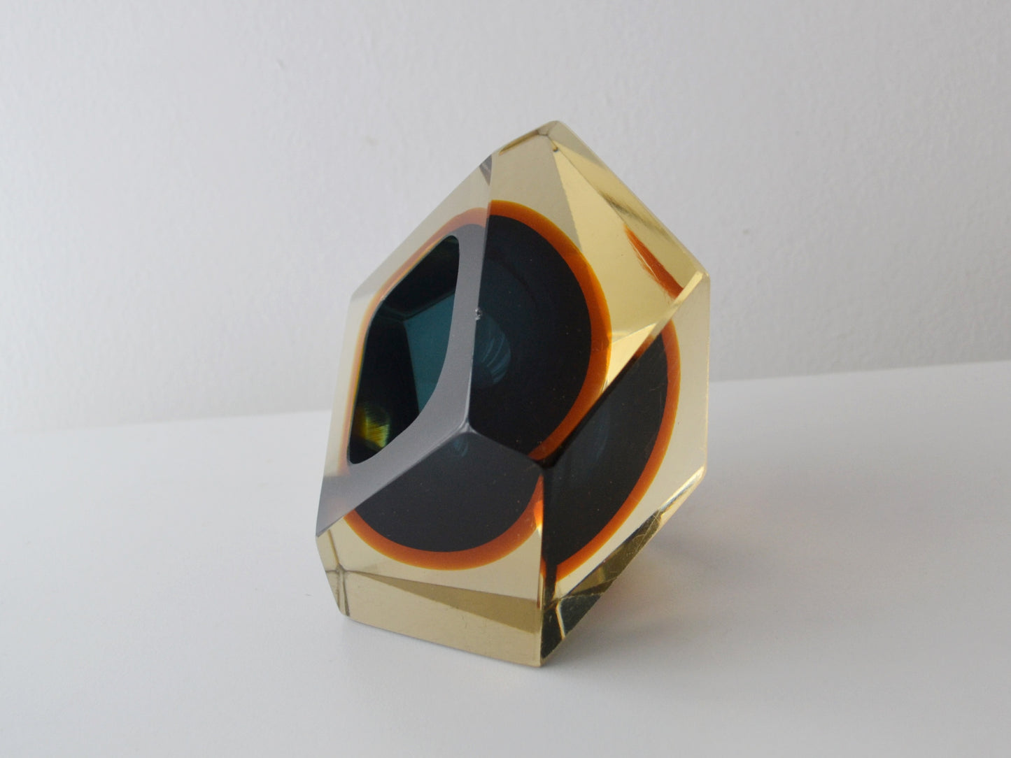 Faceted Murano Sommerso Glass Block, Blue and Amber