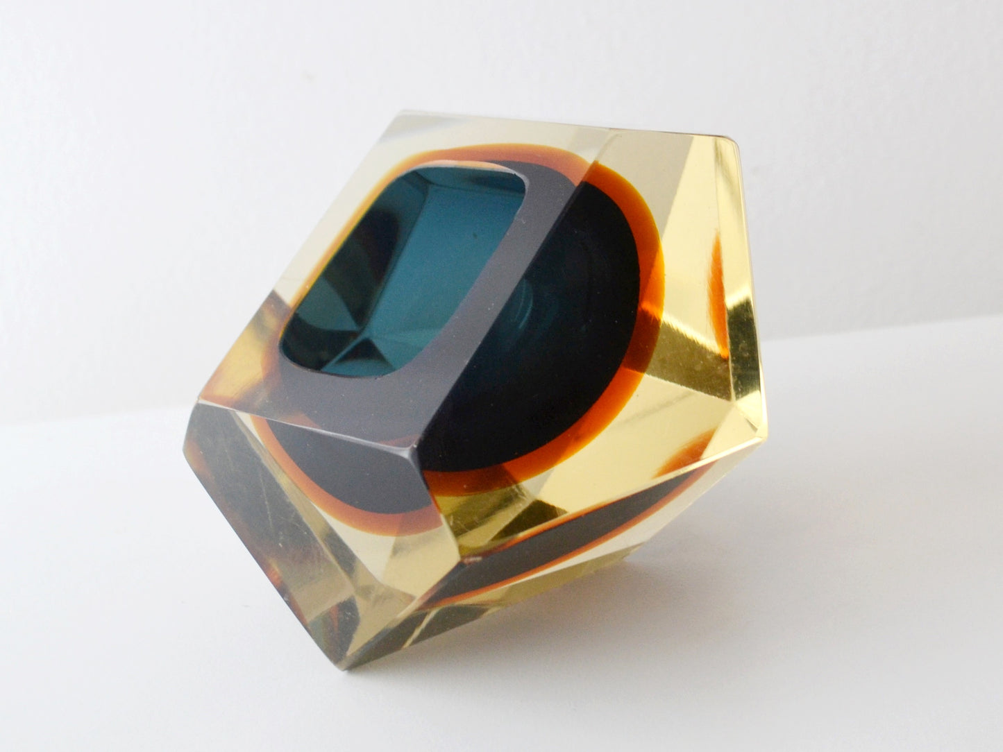Faceted Murano Sommerso Glass Block, Blue and Amber