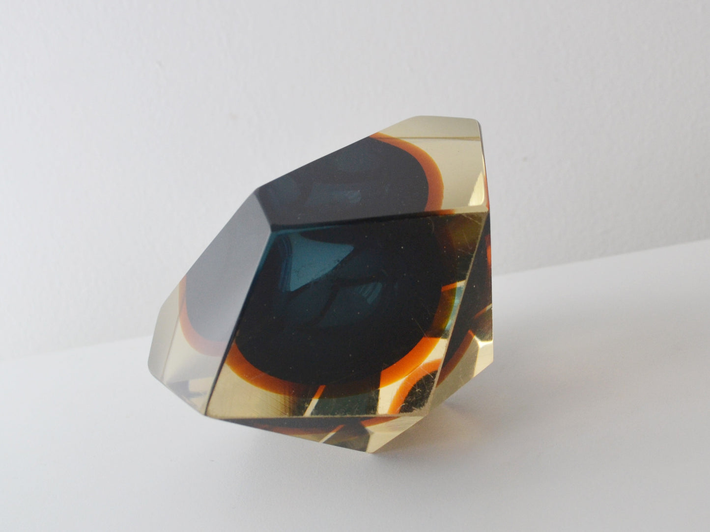 Faceted Murano Sommerso Glass Block, Blue and Amber
