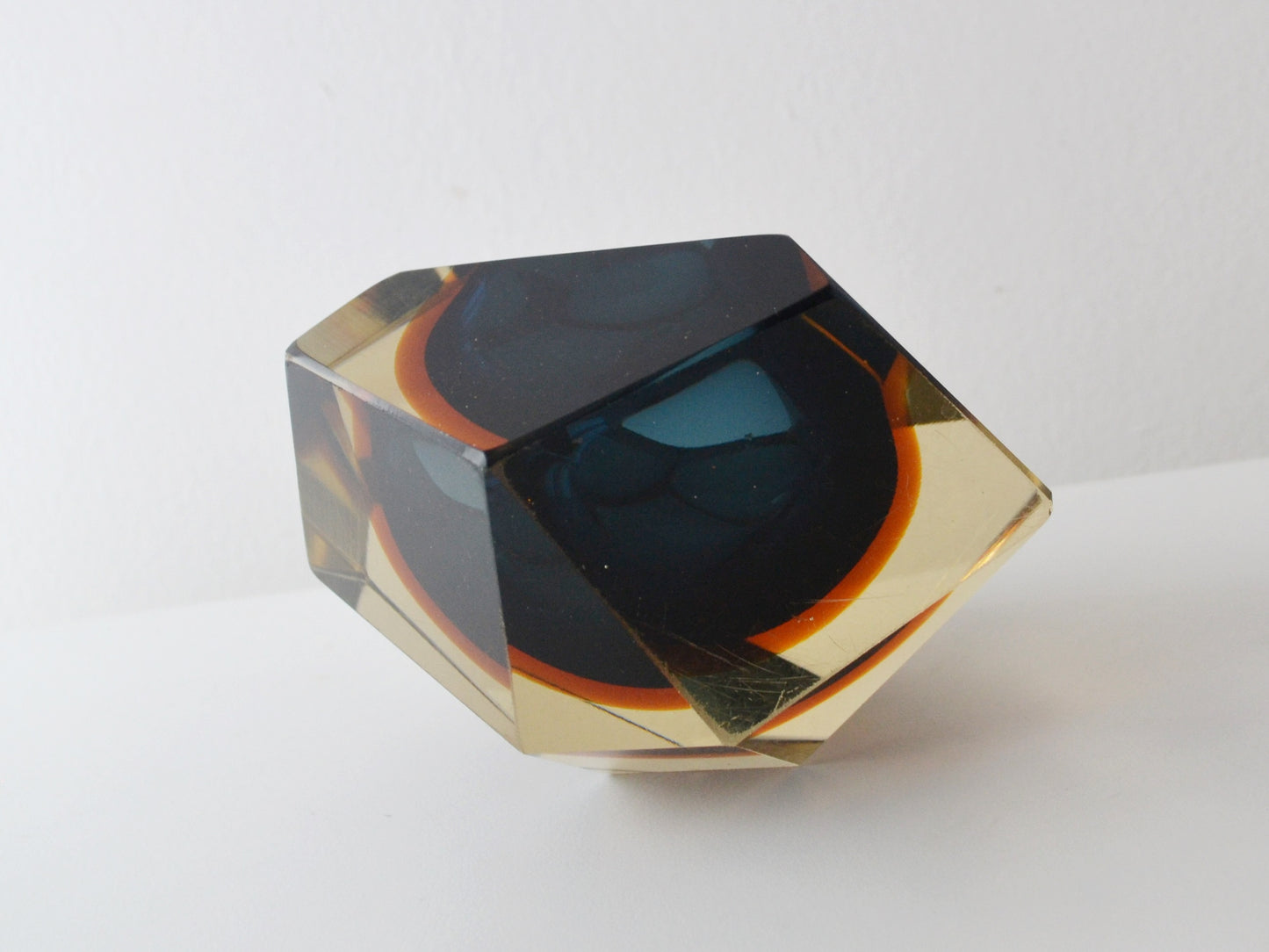Faceted Murano Sommerso Glass Block, Blue and Amber