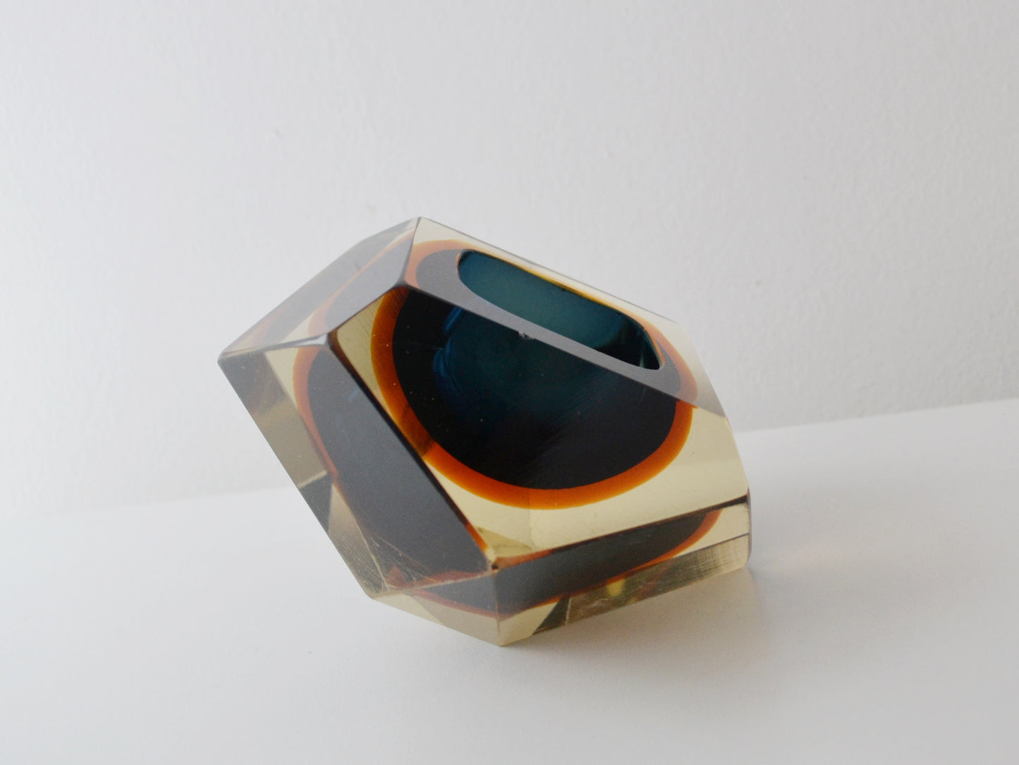 Faceted Murano Sommerso Glass Block, Blue and Amber