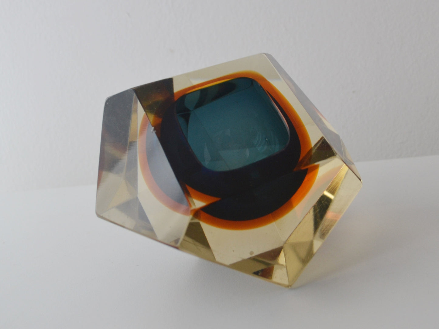 Faceted Murano Sommerso Glass Block, Blue and Amber