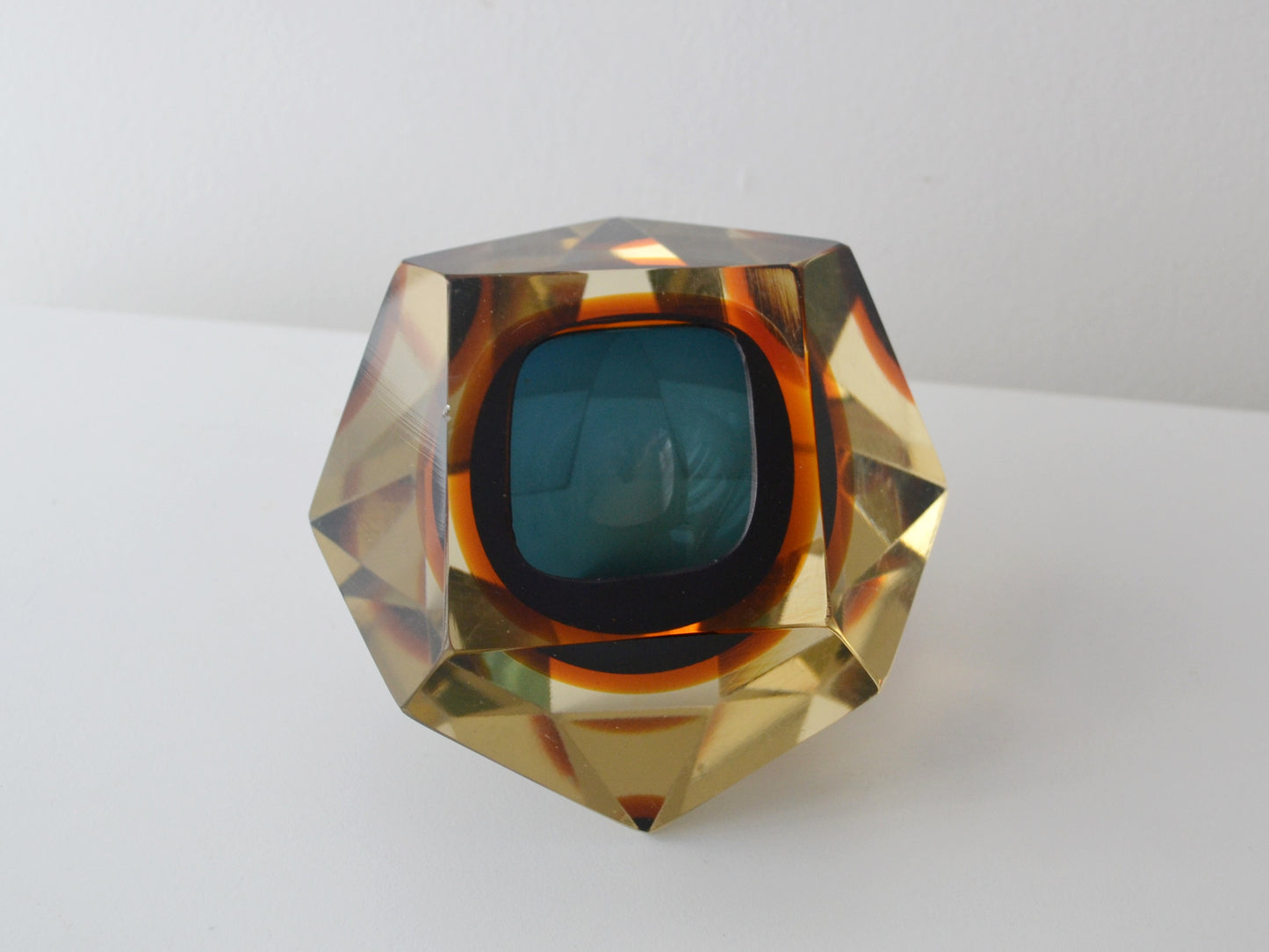 Faceted Murano Sommerso Glass Block, Blue and Amber