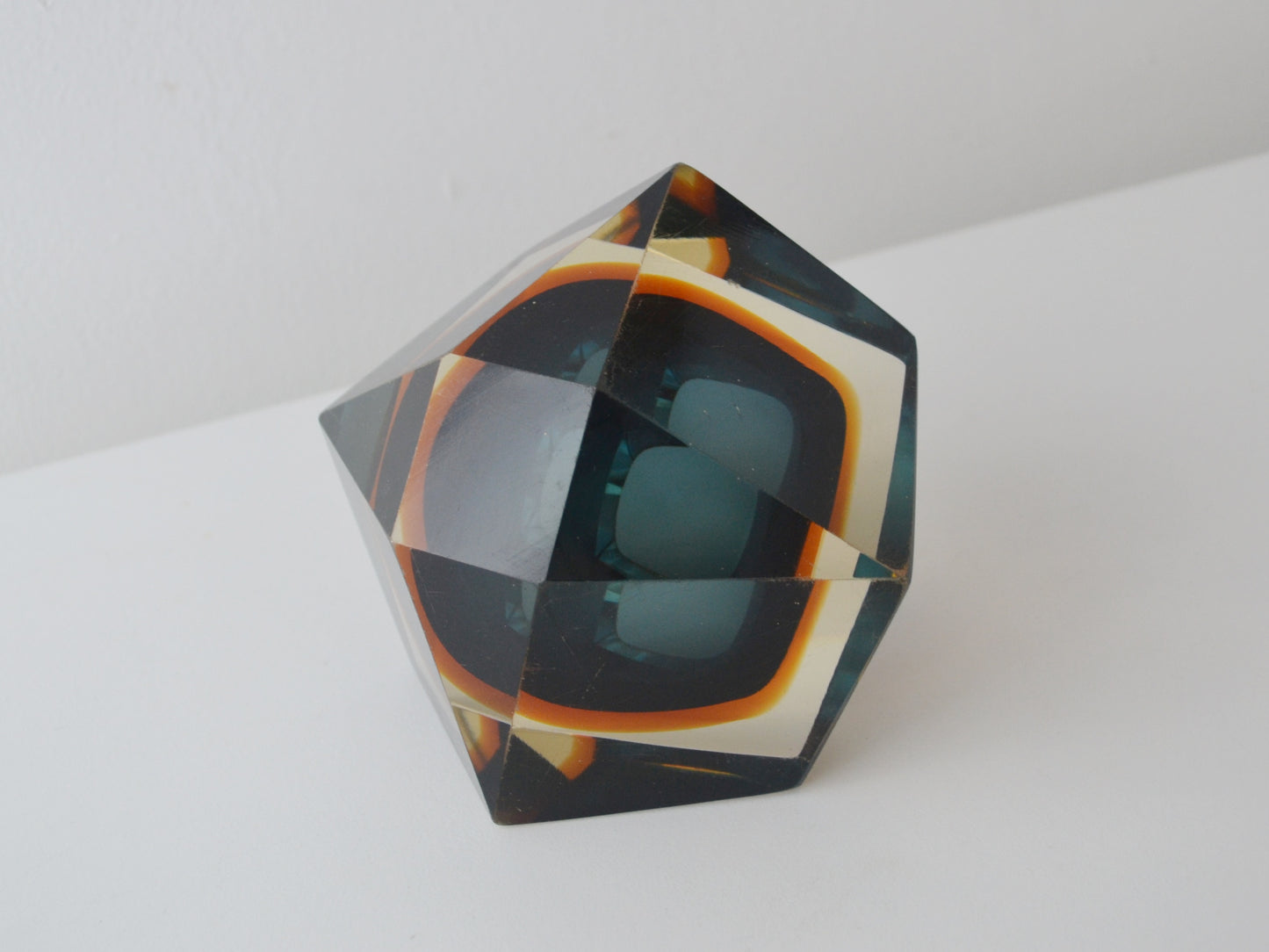 Faceted Murano Sommerso Glass Block, Blue and Amber