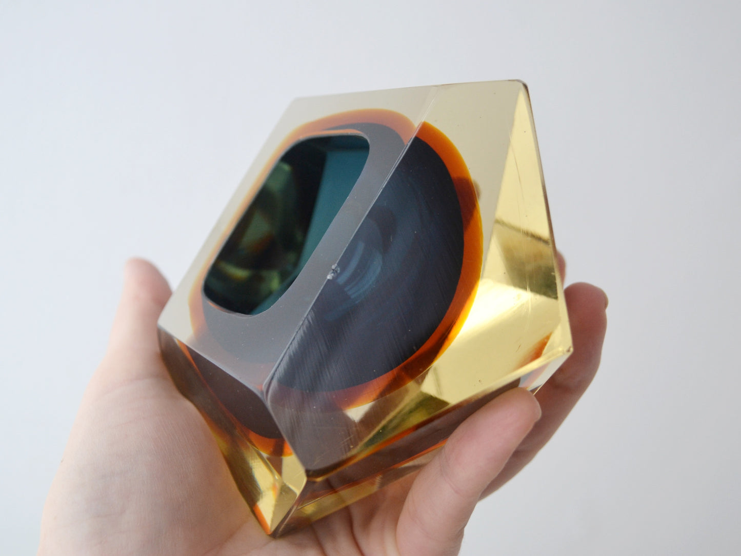Faceted Murano Sommerso Glass Block, Blue and Amber