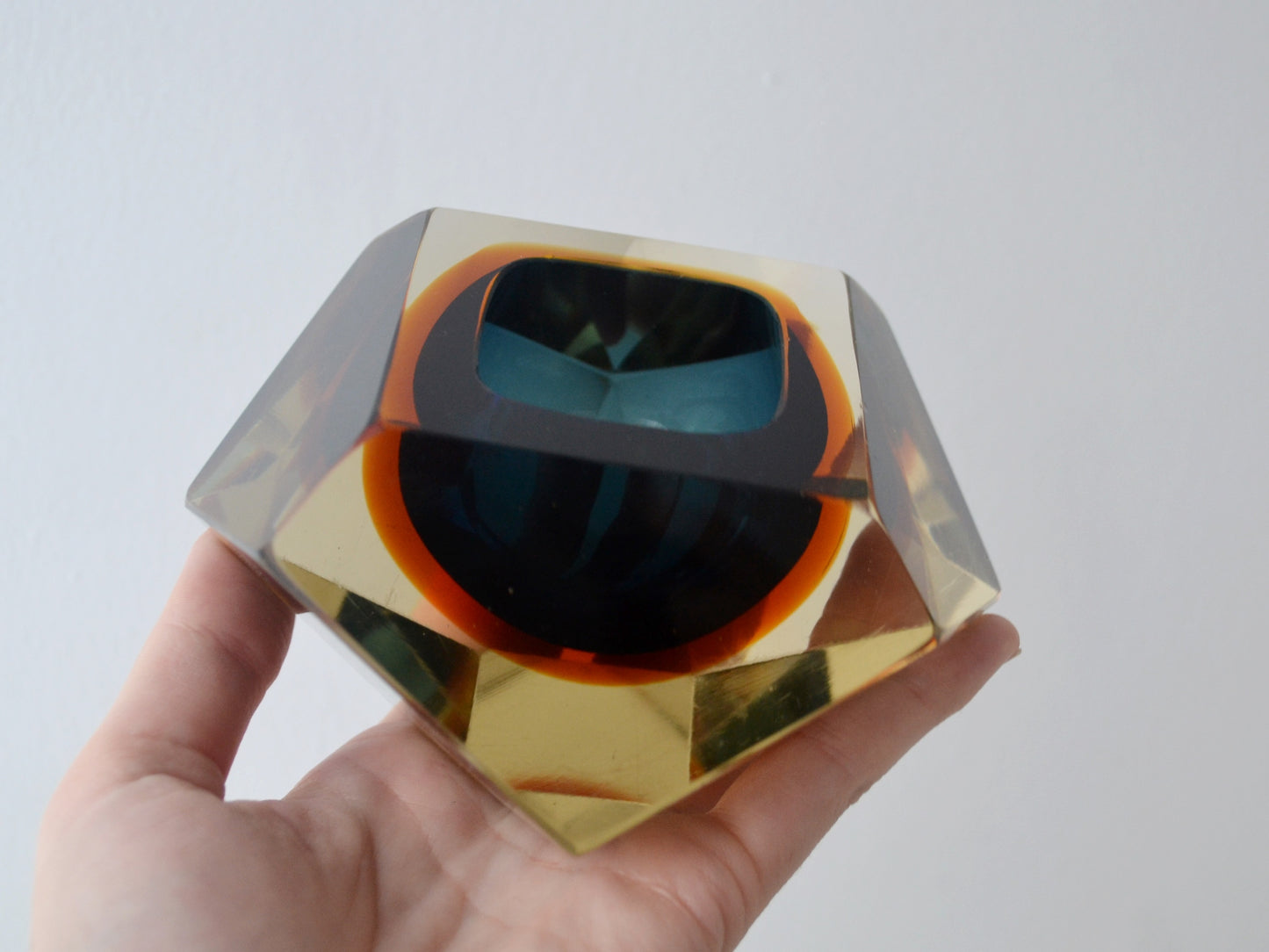 Faceted Murano Sommerso Glass Block, Blue and Amber