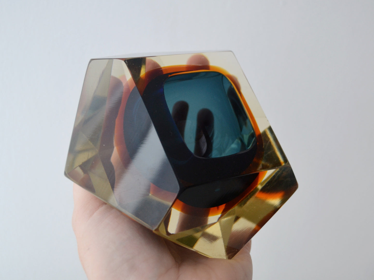 Faceted Murano Sommerso Glass Block, Blue and Amber