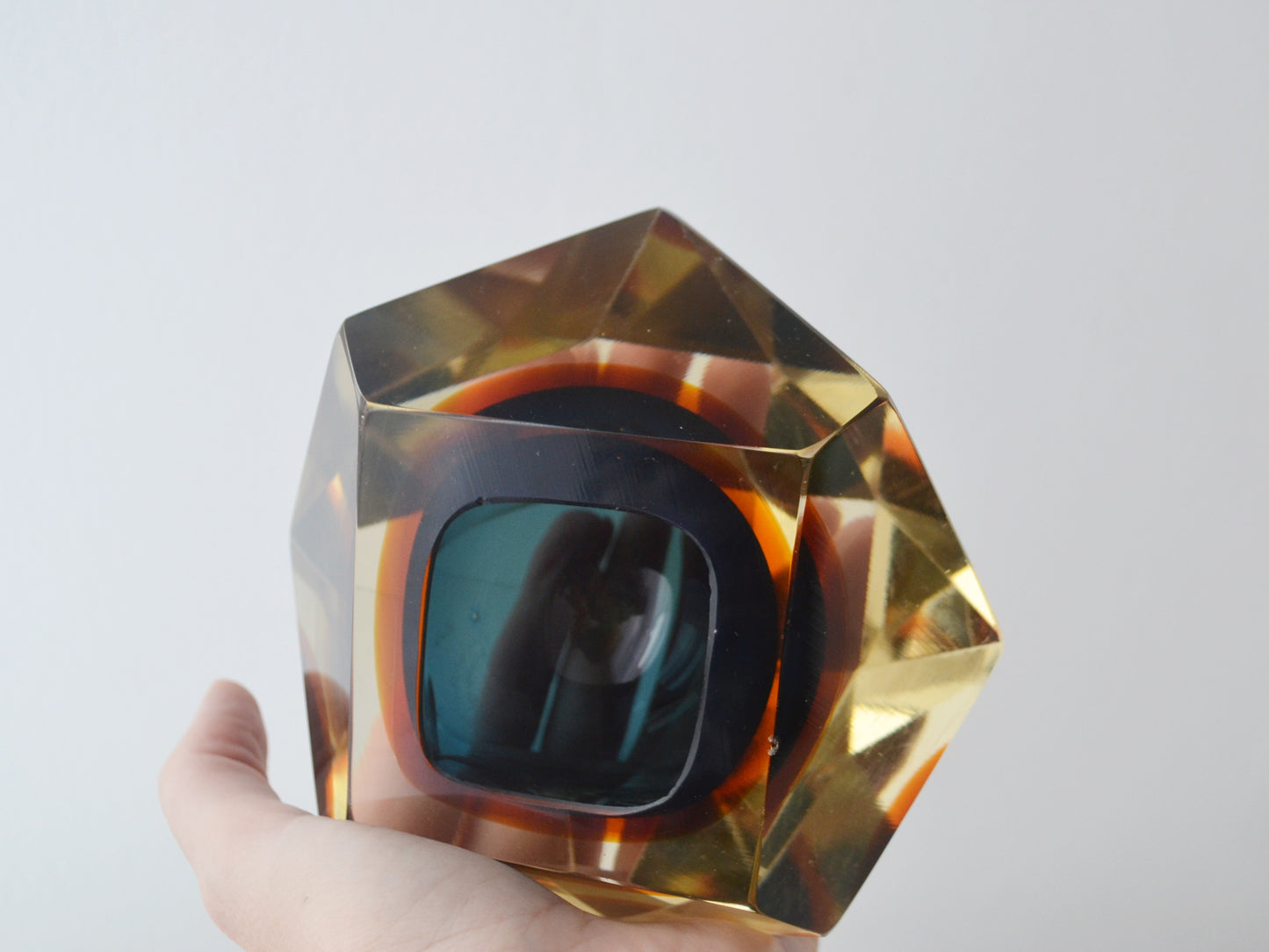 Faceted Murano Sommerso Glass Block, Blue and Amber