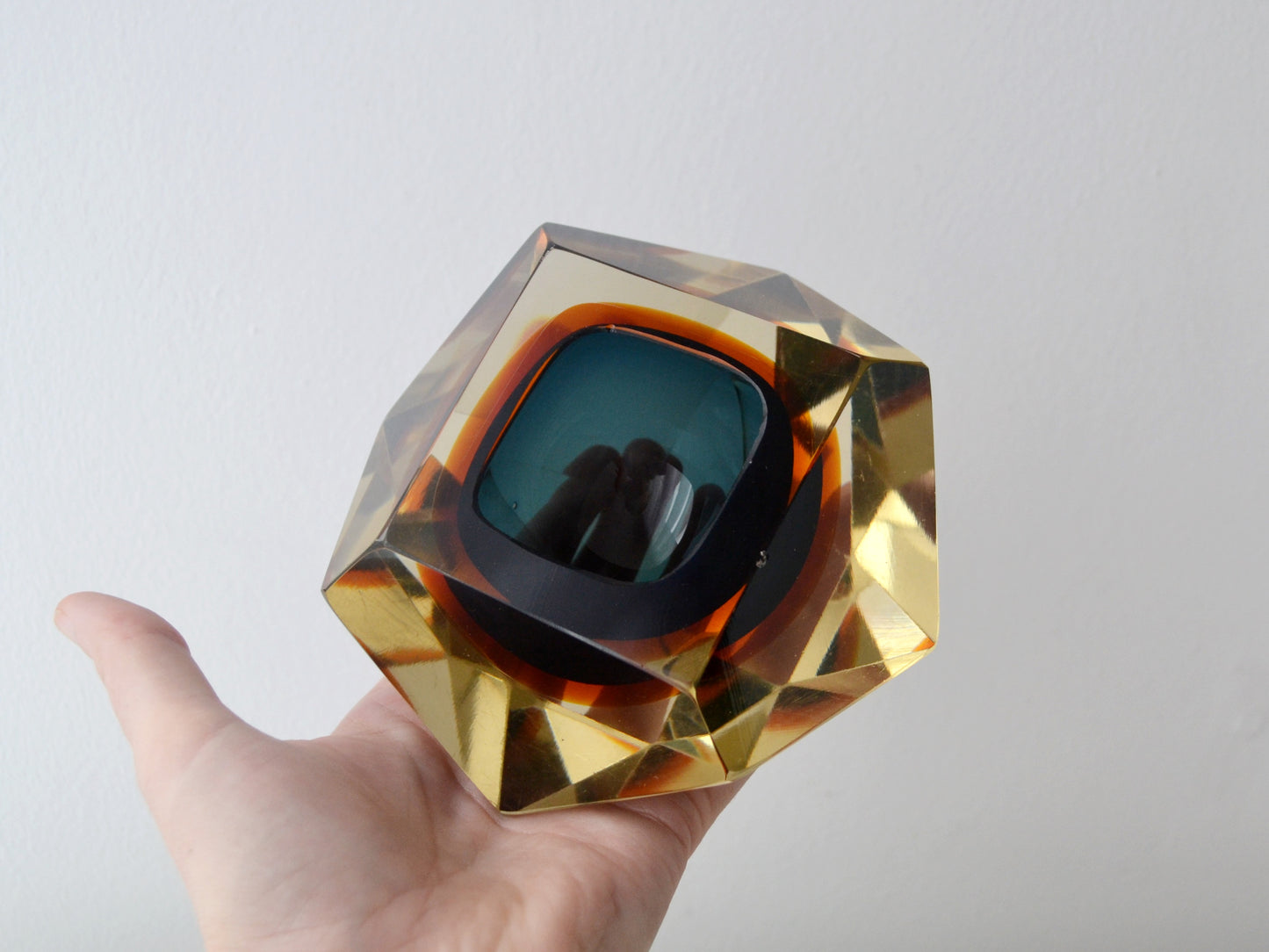 Faceted Murano Sommerso Glass Block, Blue and Amber