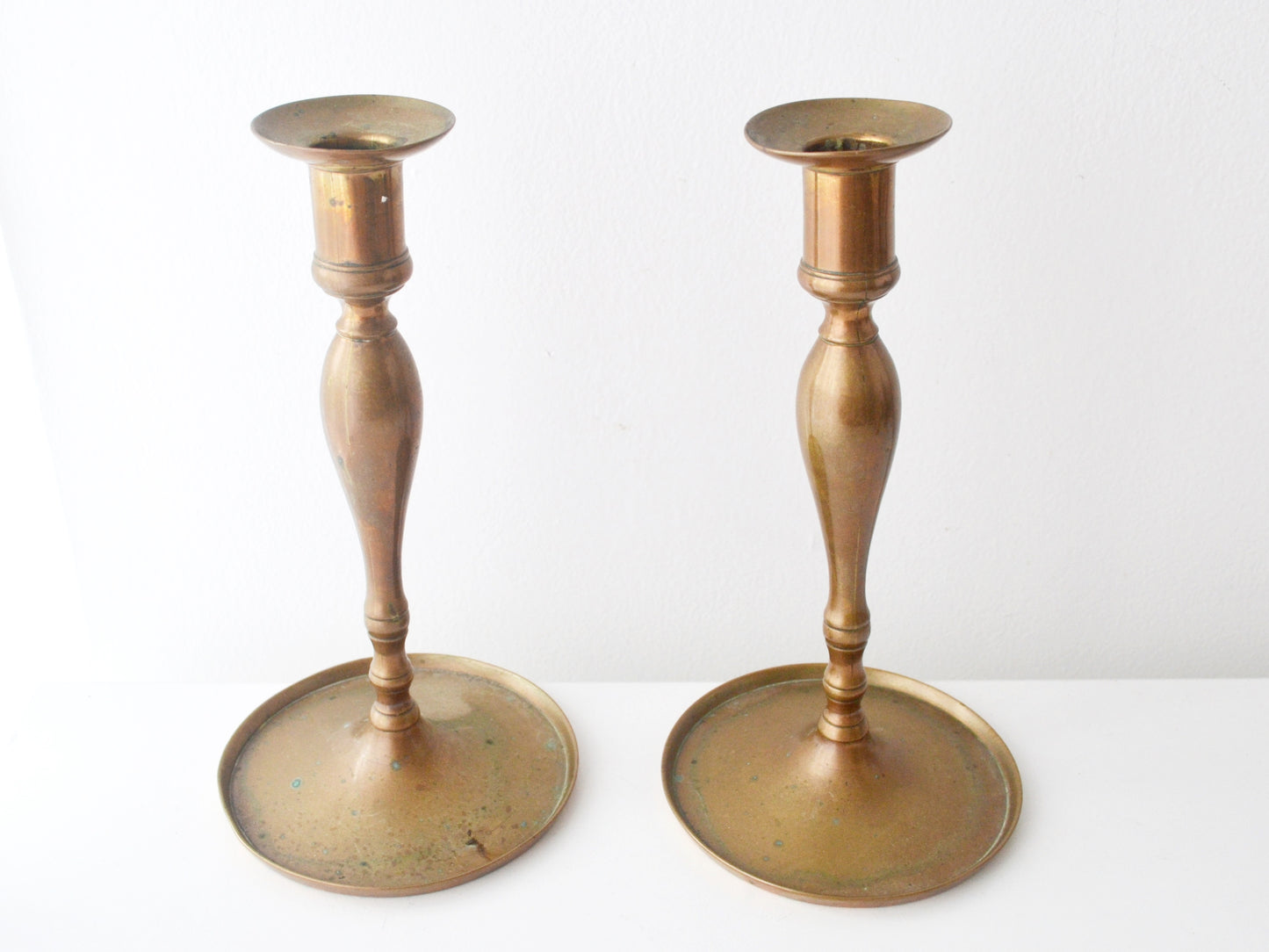 Brass Candlestick Pair — Hand-Cast, Turned Column, Europe circa 1780–184