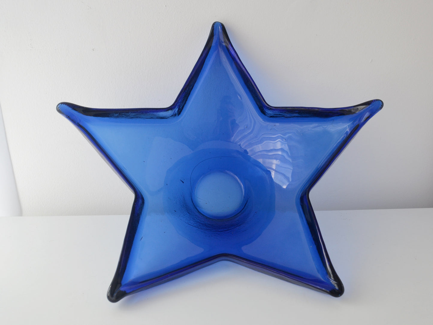 Top view of cobalt blue glass starfish bowl, HSG Ząbkowice Poland, circa 1970s, five-point star form.