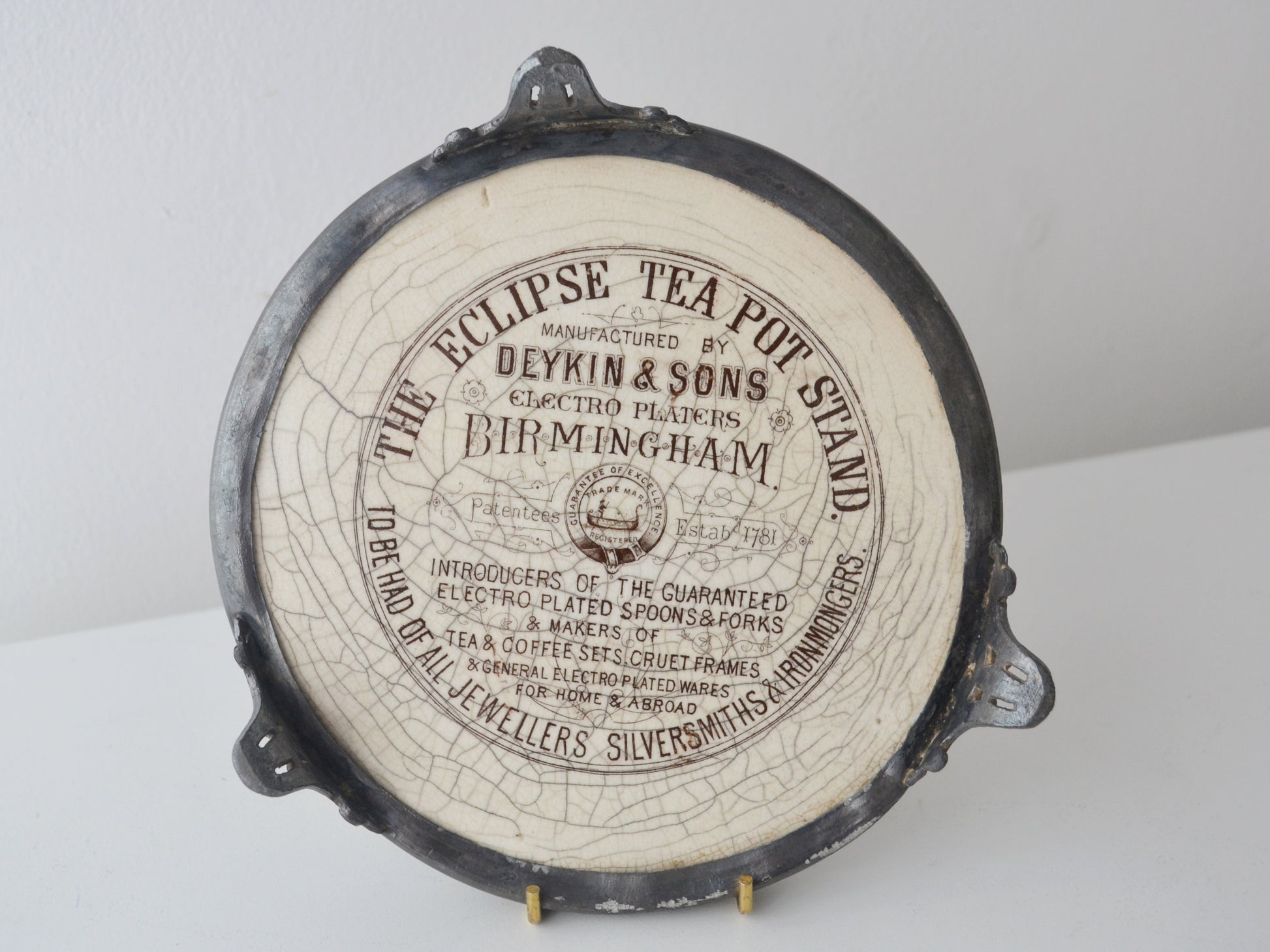 Deykin &amp; Sons Birmingham maker's mark reverse, Eclipse Teapot Stand Estb 1781, full manufacturer's inscription earthenware