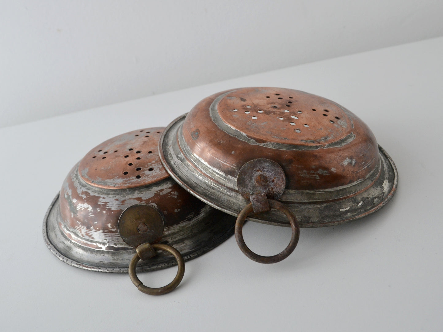 Antique French Copper Colanders, Pair — Tinned Interior, Ring Handles, circa 19th Century
