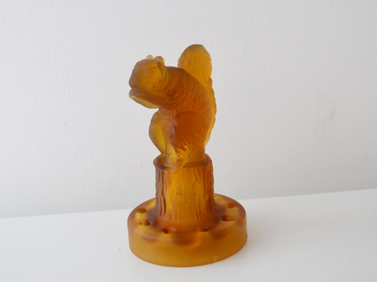 Sowerby 1930s amber glass squirrel flower frog styled with seasonal flowers
