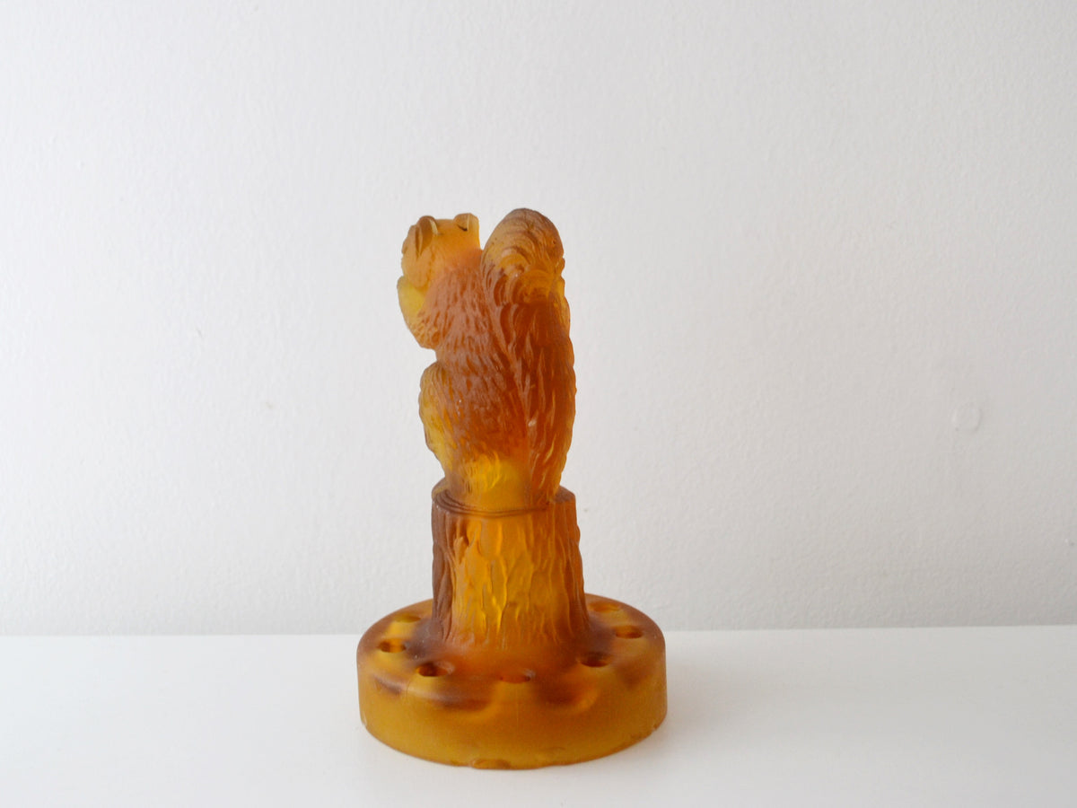 1930s Sowerby squirrel flower frog in frosted amber glass, reverse view